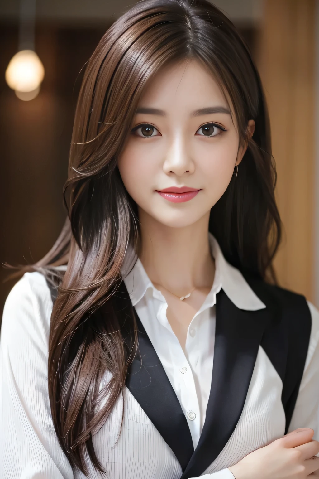 table top、highest quality、genuine、Super detailed、finely、High resolution、8k wallpaper、one beautiful woman、、、light brown disheveled hair、wearing a business suit、sharp focus、perfect dynamic composition、beautiful and detailed eyes、thin hair、詳細なgenuineな肌の質感、smile、close-up portrait、model body shape