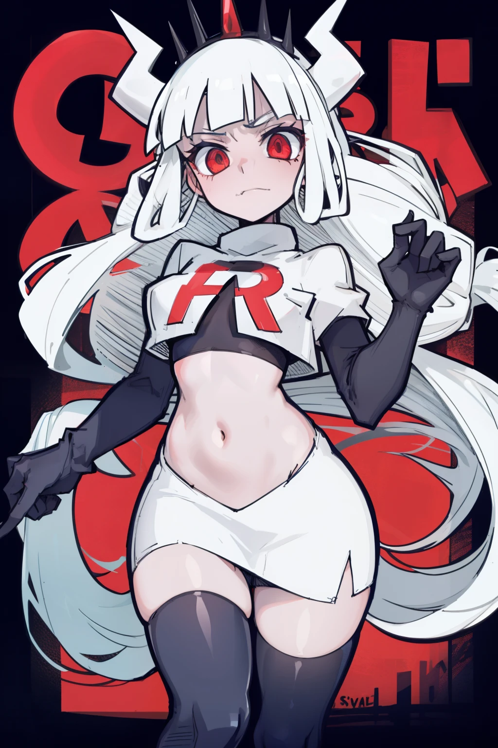 masterpiece, best quality,lucifer with crown,red eyes, white hair,team rocket,team rocket uniform,white skirt,red letter R,crop top,black thigh-highs,black elbow gloves, comic strip