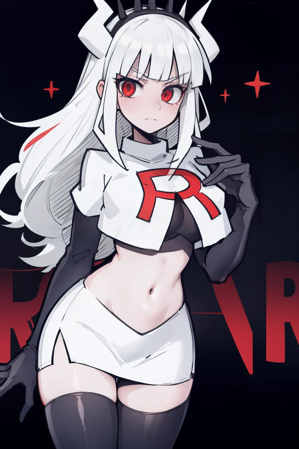 masterpiece, best quality,lucifer with crown,red eyes, white hair,team rocket,team rocket uniform,white skirt,red letter R,crop top,black thigh-highs,black elbow gloves, comic strip