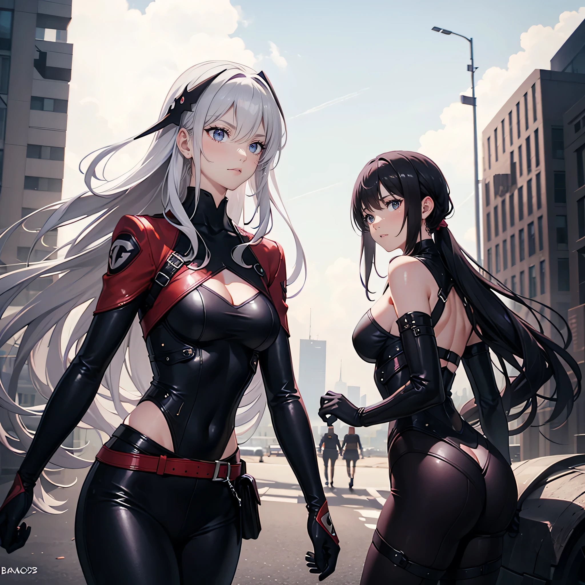 Two serious women wearing black technological dress in combat pose , uma mulher de longos cabelos negros contra uma mulher palida de cabelos brancos longos, peitos grandes, seios grandes, buceta, bunda grande, two woman vs, seios grandes gigantes, decote, agressividade