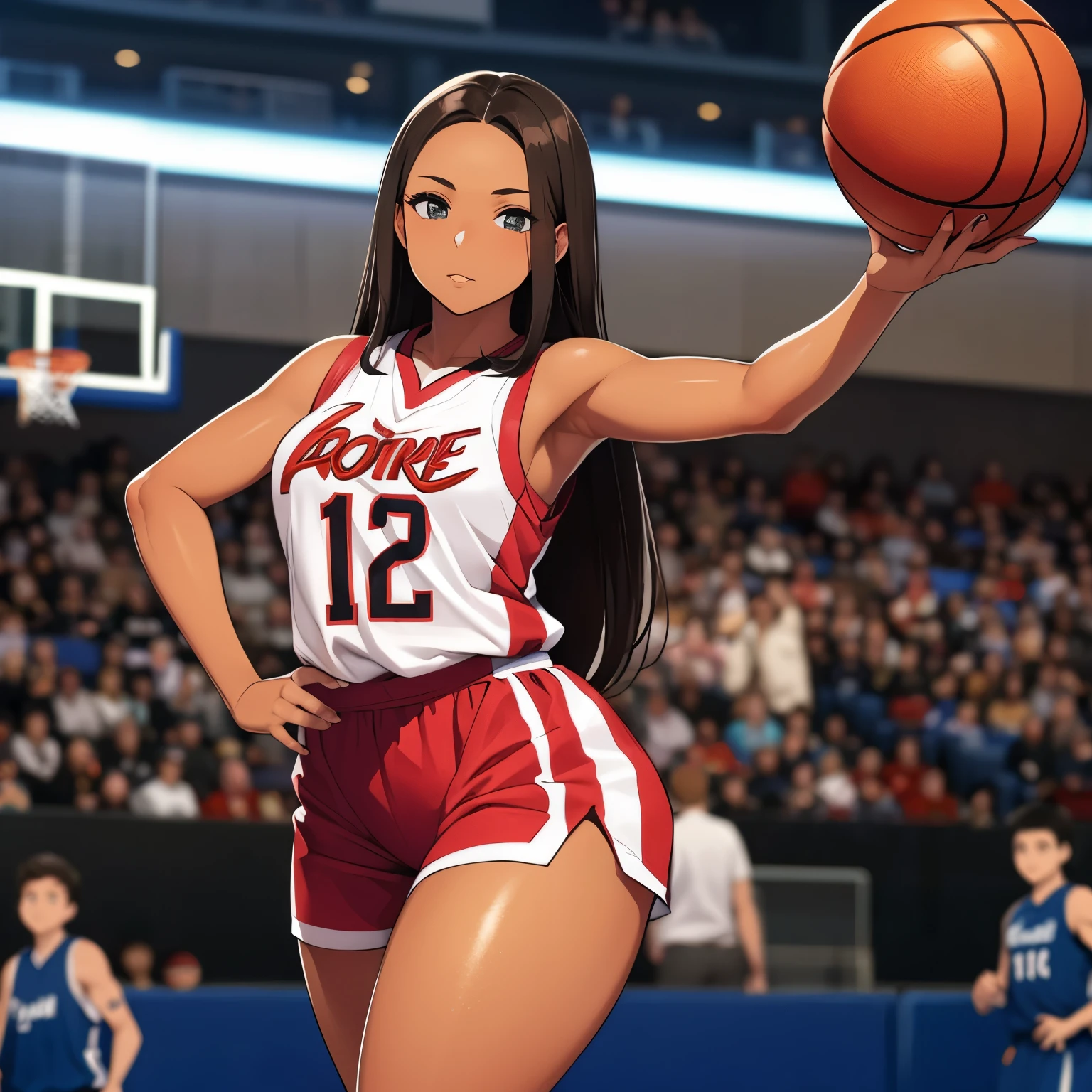Beautiful brown skin woman, she has brunette layered long hair, she is wearing basketball jersey, she is a basketball player, she is posing for photographs with the basketball, thick thighs