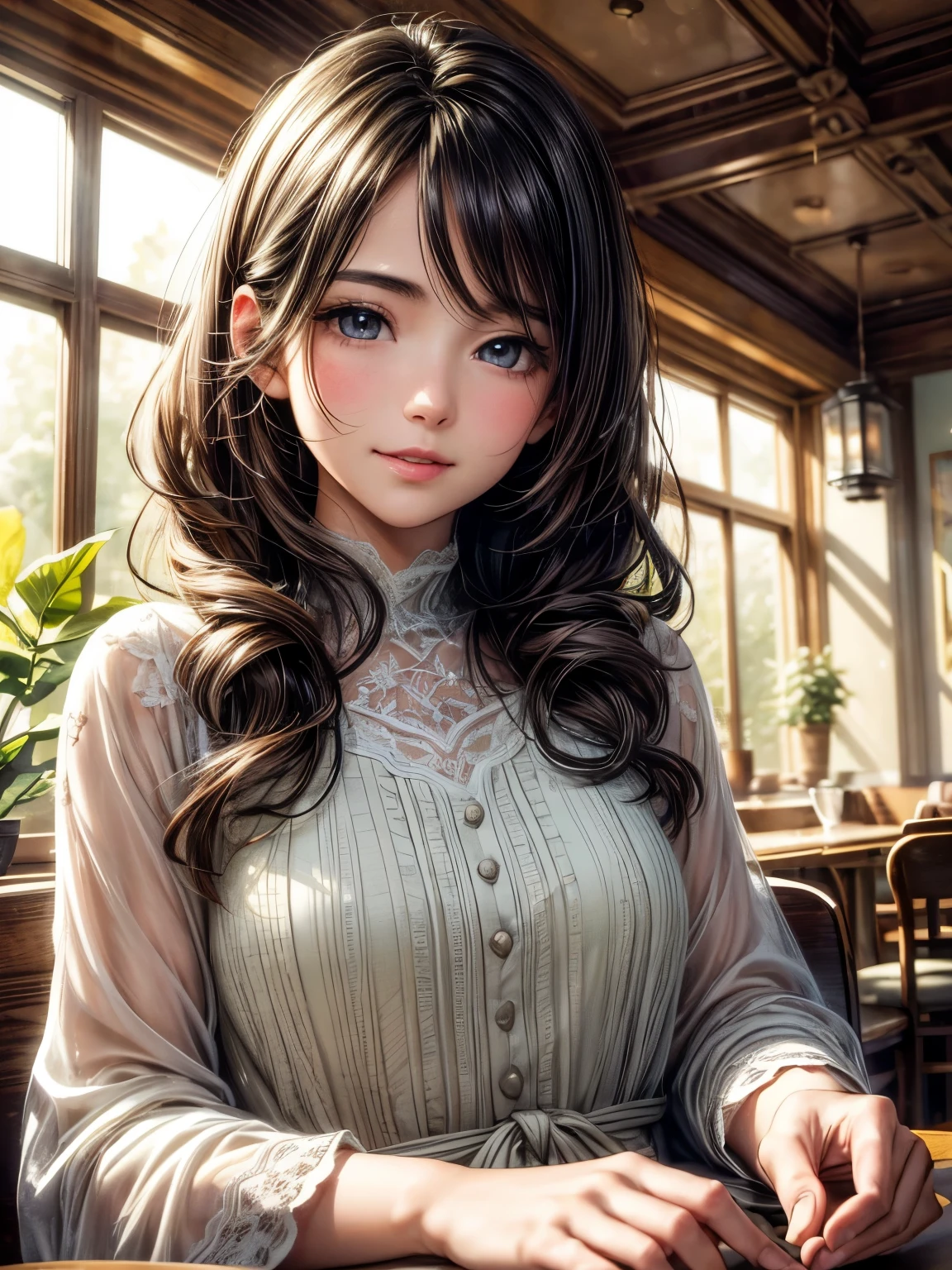 (best quality,highres,masterpiece:1.2),ultra-detailed,(realistic,photorealistic,photo-realistic:1.37),detailed,perfect face,beautiful girl with flowy dark hair,extremely detailed eyes and lips,laughing and smiling,fun,1girl,sitting in a cozy cafe with vintage decorations,facing a large window overlooking a serene garden,daydreaming,soft cinematic lighting,subtle sunlight streaming through the window,casting warm shadows on the girl's face,airy and ethereal atmosphere,golden hour color palette,soft pastel tones with a touch of warmth,delicate porcelain skin glowing in the gentle light,vibrant green plants and blooming flowers outside,bringing a touch of nature indoors,impeccable attention to the girl's facial features and hair texture,each strand of hair meticulously rendered to capture its flow and shine,carefully crafted shadows and highlights enhancing the realism and depth of the scene,impressionistic brushstrokes giving the image a painterly quality,evoking a sense of nostalgia and tranquility,making the viewer feel like they're stepping into a dreamy world.