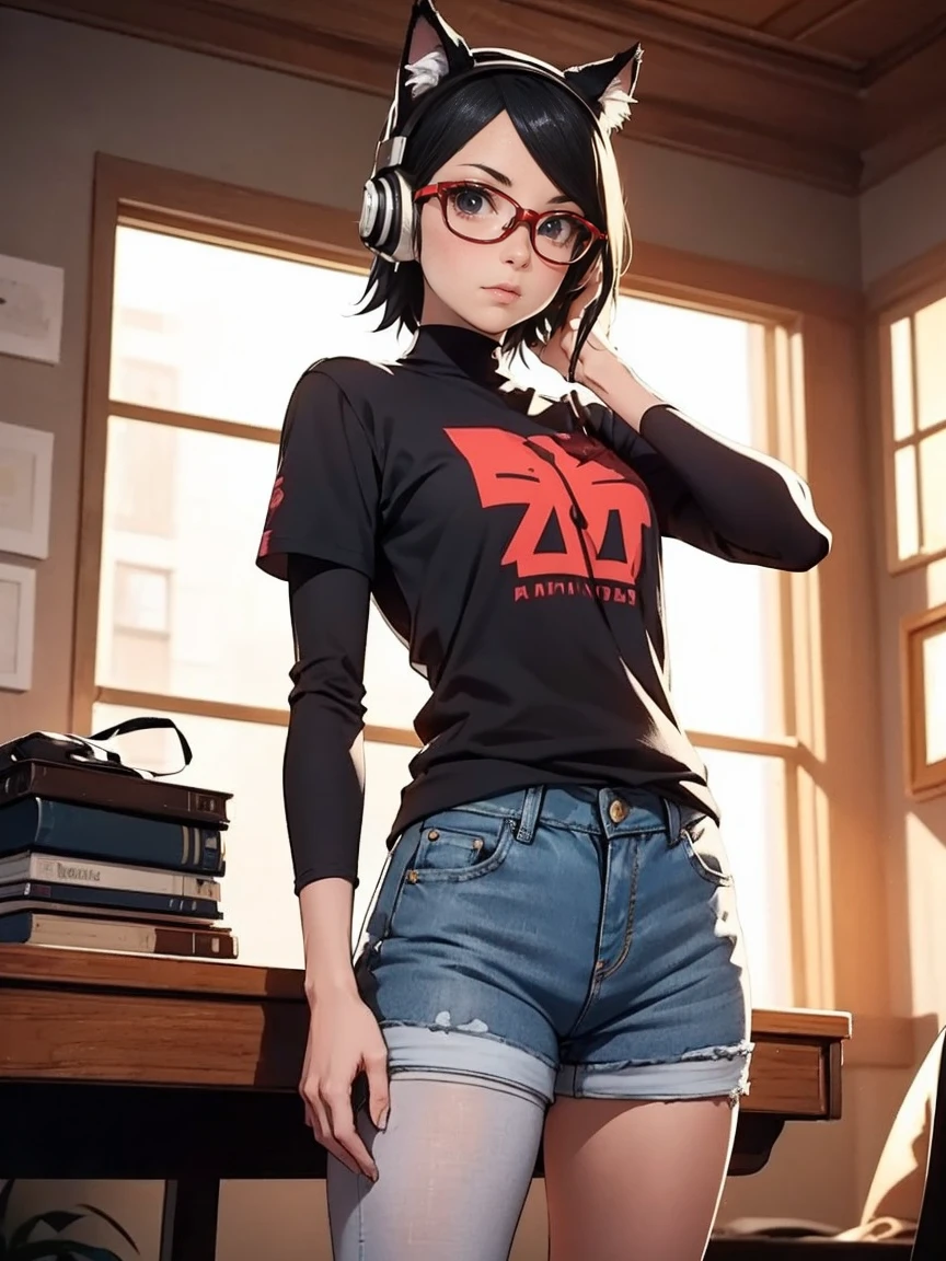 moltal kombat 11: aftermath. Illustration with Intricate details, rich colors and a sense of grandeur. Illustration of Sarada Uchiha with short hair, glasses, is with tanned skin and She's streaming on a streaming platform, she's wearing headphones with kitty ears, standing in a room with geak decor, nerdy decor. print t-shirt, jeans shorts. Oncer print, neon, pantyhose. like, anime, mangá 