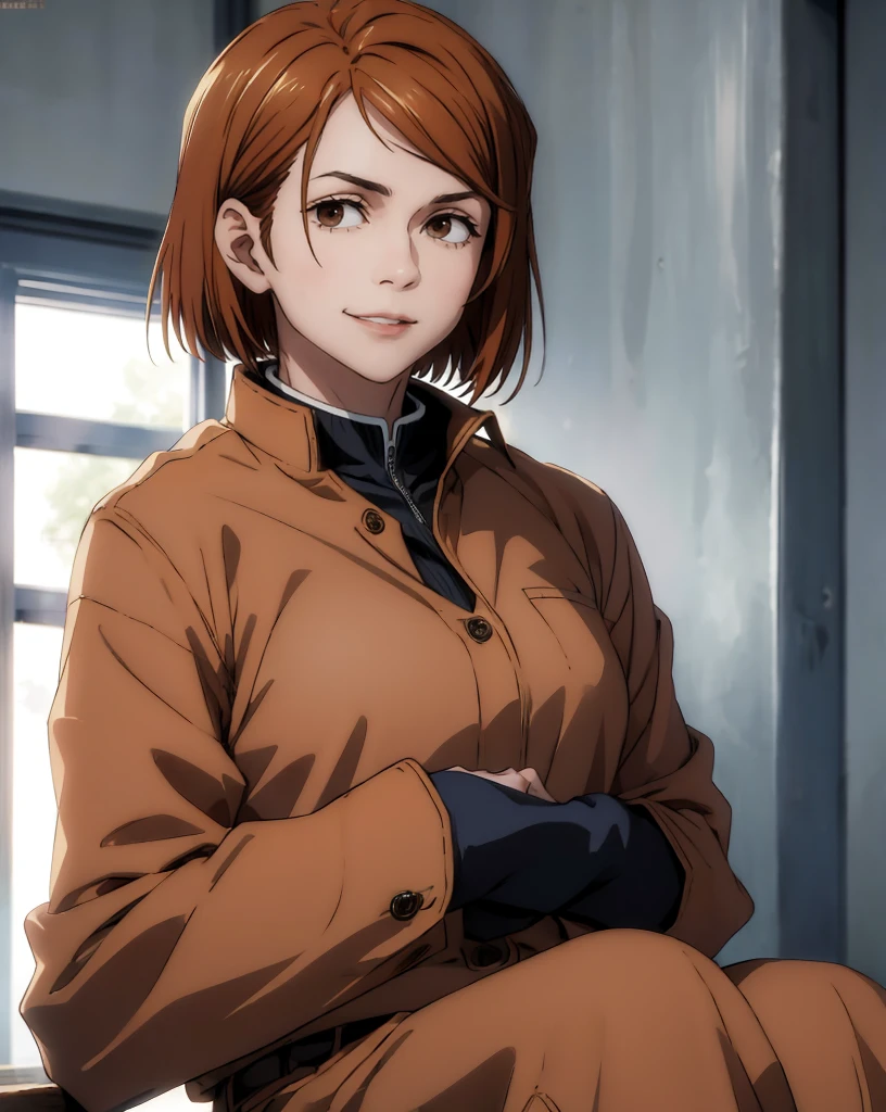 (masterpiece:1.4),(best quality:1.4) 1girl,nobara_jjk,brown hair,short hair, brown eyes,fully ,smilling,  sitting, full body