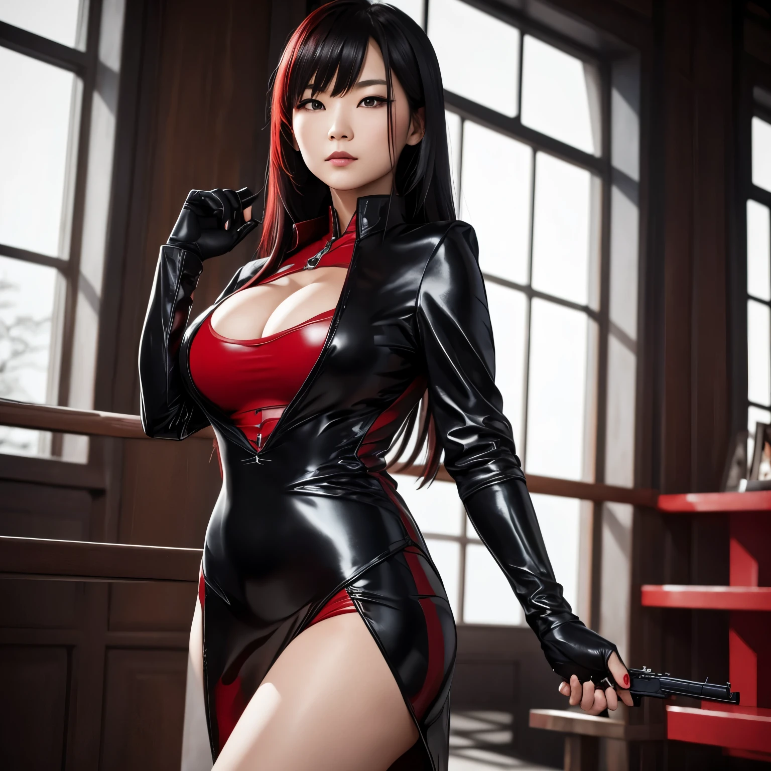 Asiatische Frau mit kurzen en Haaren, schaut ernst, Wears a red, Enges Latexkleid mit Blutflecken, holds a pistol, aentin