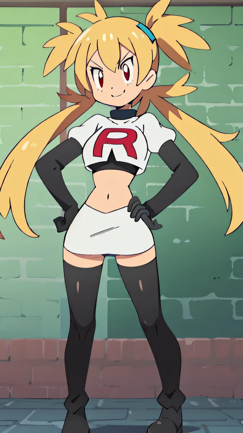 1girl in, (Solo:1.2), (Perfect body:1.1), (Best Quality:1.1), Cute Girl, Tsundere:1.1, (student clothes:1.4), (tiered layers skirt:1.2), very large breast, a blond, Long twintails, Black Ribbon Hair Fastening, Tsuriformes, sharp eye, Sanpaku eyes, (Seductive smile:1.5), Noble atmosphere, Fine-grained skin, (Choker with a cross:1.1), View of the valley, Navel Ejection, Raw feet, a belt on the thighhigh, Bright red eyes, Shining eyes, (NSFW:0.8), 8K, a belt on the thighhigh, Skinny Legs, School grounds with grass, full body seen, (Looking down here:1.2), (Loose socks:1.3), I don't have anything in my hands, No one around, hands on hip,team rocket uniform, red letter r, white skirt,white crop top,black thigh-high boots, black elbow gloves, glaring angrily, looking at viewer, hands on hips, full body seen