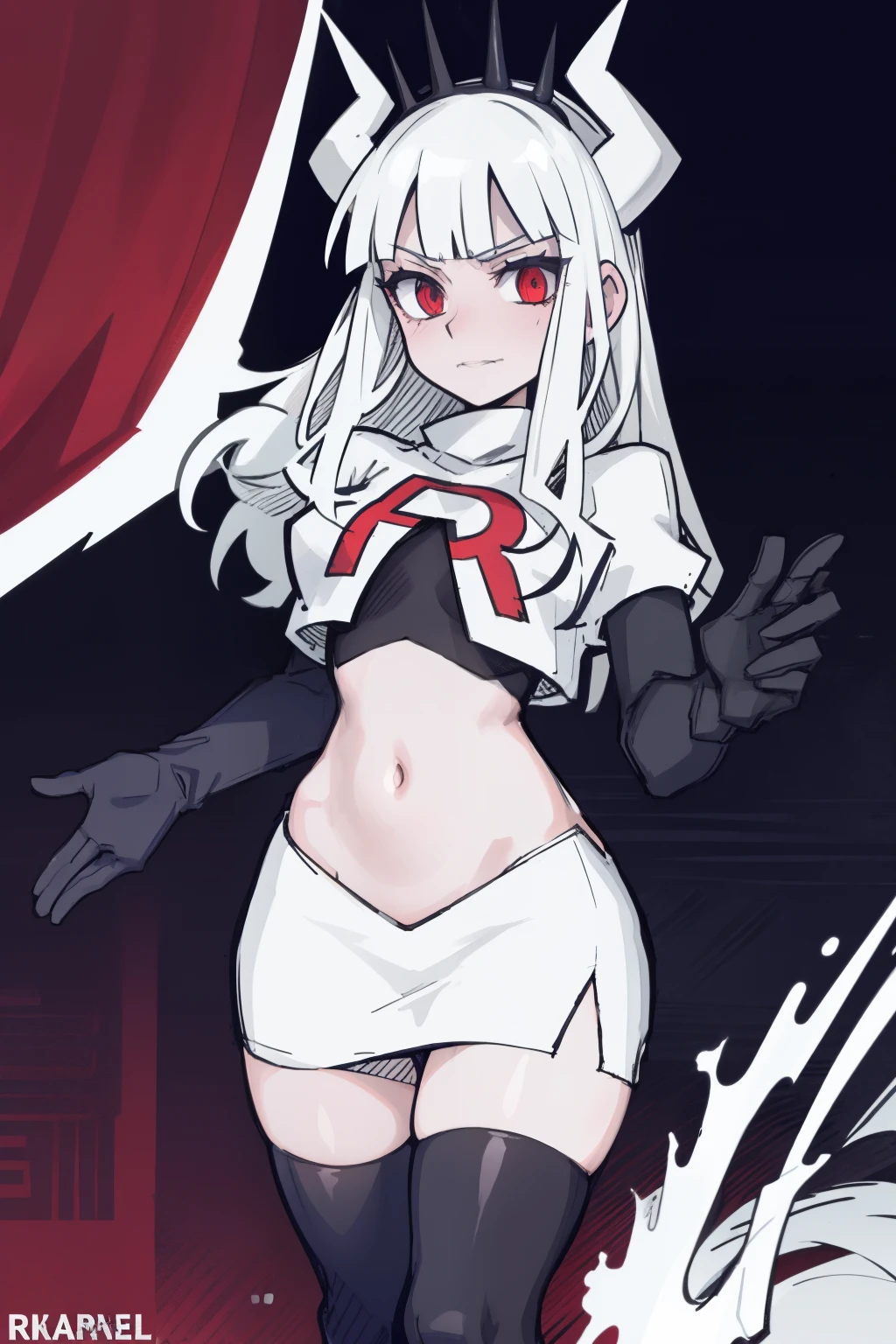 masterpiece, best quality,lucifer with crown,red eyes, white hair,team rocket,team rocket uniform,white skirt,red letter R,crop top,black thigh-highs,black elbow gloves, comic strip