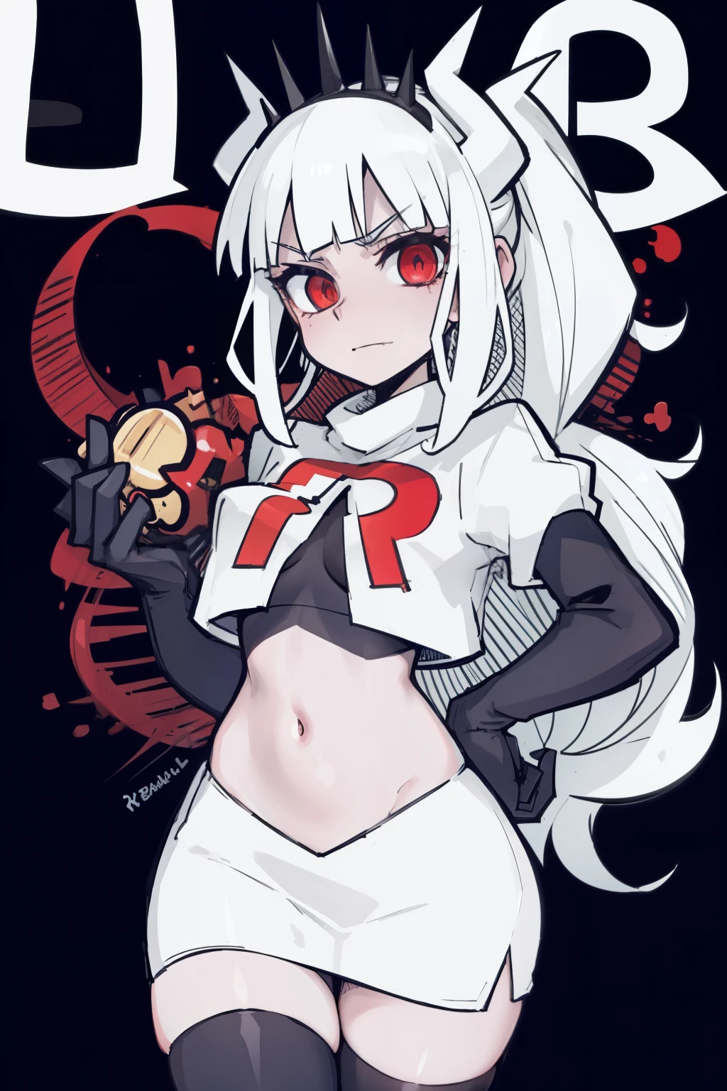 masterpiece, best quality,lucifer with crown,red eyes, white hair,team rocket,team rocket uniform,white skirt,red letter R,crop top,black thigh-highs,black elbow gloves, comic strip