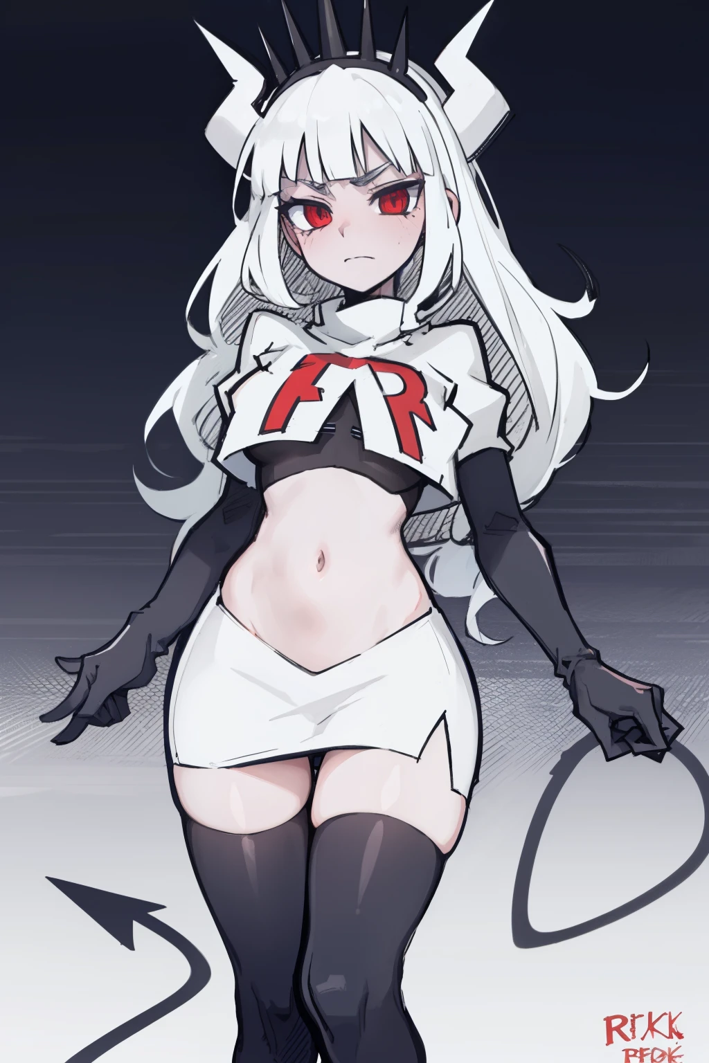 masterpiece, best quality,lucifer with crown,red eyes, white hair,team rocket,team rocket uniform,white skirt,red letter R,crop top,black thigh-highs,black elbow gloves, comic strip