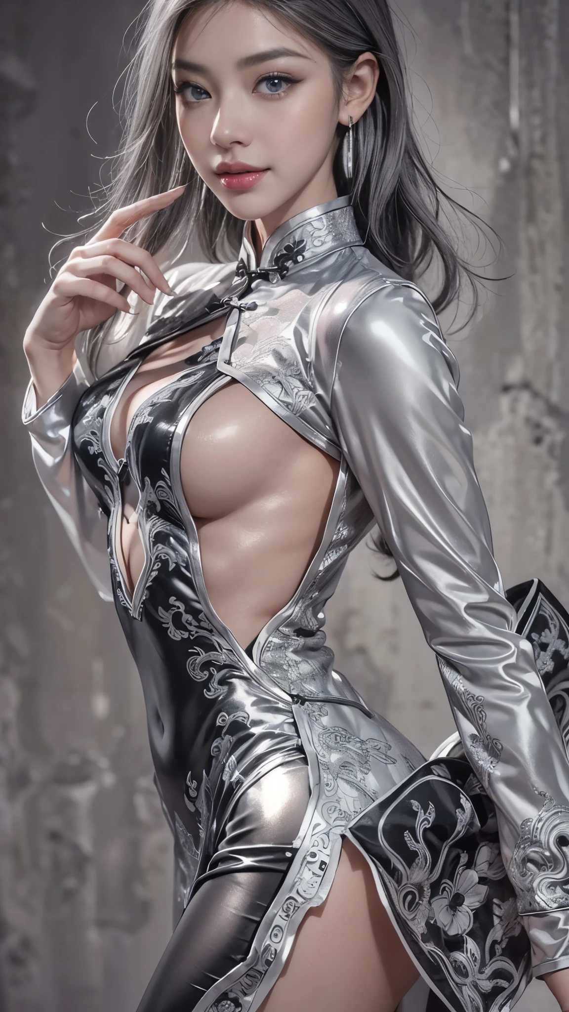 (Realistic:1.2), (all body, fashion portrait:1.6), (brand collection, fashion brand theme:1.6), (detailed, beautiful, masterpiece, best quality:1.2), _ BREAK (1girl:1.2), 22 years old, 160 cm, Japanese cute model, Tightened all body, large Breasts, small head, small face, diamond Face, small nose, Sharp Faceline, Detailed face, Detailed eyes, young hands and fingers, beautiful hands and fingers, five fingers, _ BREAK (happy, smile, Glossy Lips:1.3), (Light color lips, Half open mouth, beautiful Teeth:1.2), (dropy eyes, Double eyelid, light color eyes, Shiny eyes:1.5), Shiny skin, _ BREAK (arranged hairstyle:1.4), (gray hair, shiny hair, _ BREAK (gray background:1.4), mist, fog , white lightning, _ BREAK (wide angle:1.4), (standing, sexy model pose:1.2),BREAK (black and white theme:1.2), (fusion of sleek black bodysuit and traditional Chinese Cheongsam dress:1.3),(long sleeve:1.2), (mandarin collar:1.2), (form-fitting silhouette:1.2), (dragon shape cut out:1.3), (white thigh-high slit on the side:1.2),
BREAK (silver accent:1.2), (silver hoop earrings:1.2), (black stiletto boots:1.2), (subtle makeup with monochrome tones:1.2),(black Trim accents:1.2),
