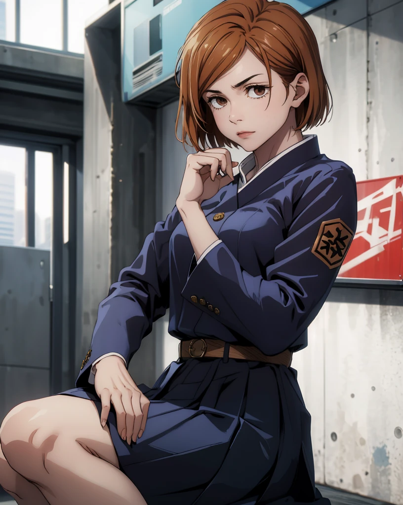 (masterpiece:1.4),(best quality:1.4) 1girl,nobara_jjk,brown hair,short hair, brown eyes,fully jujutsu school uniform,  sitting, full body