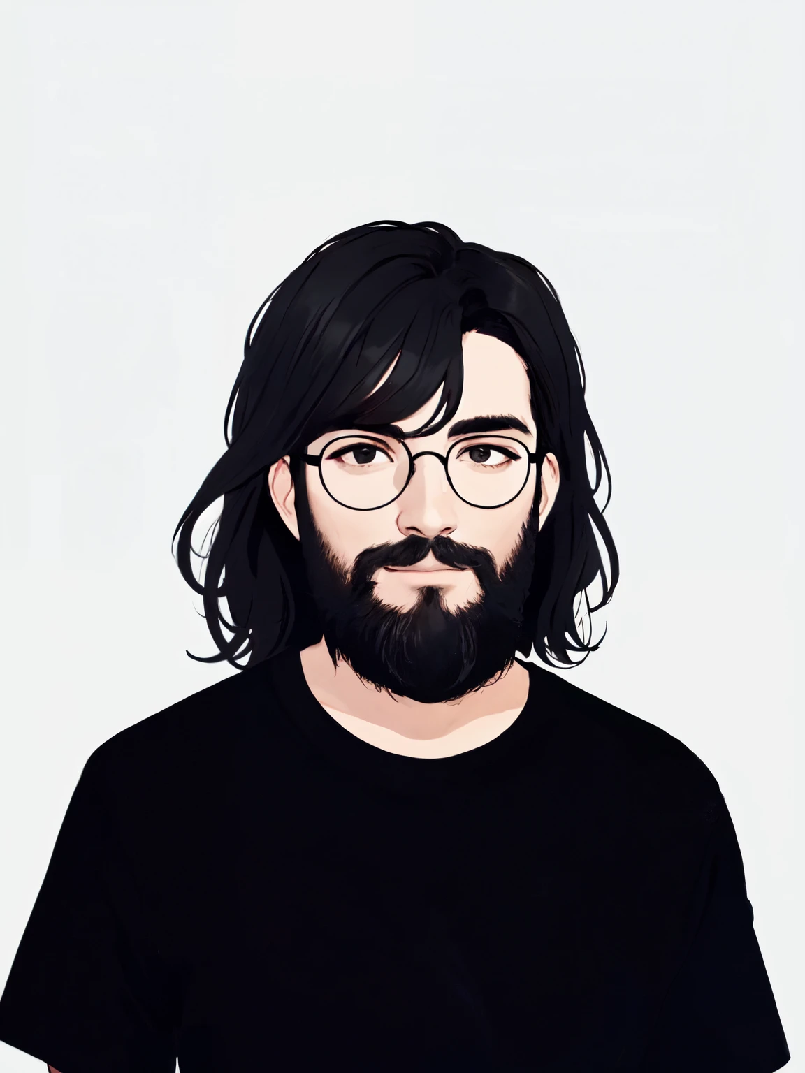 there is a man with a beard and round glasses, black hair, using a black shirt, white background, perfectly centered portrait, looking at the viewer, soft portrait, front view portrait, black and white picture, low details