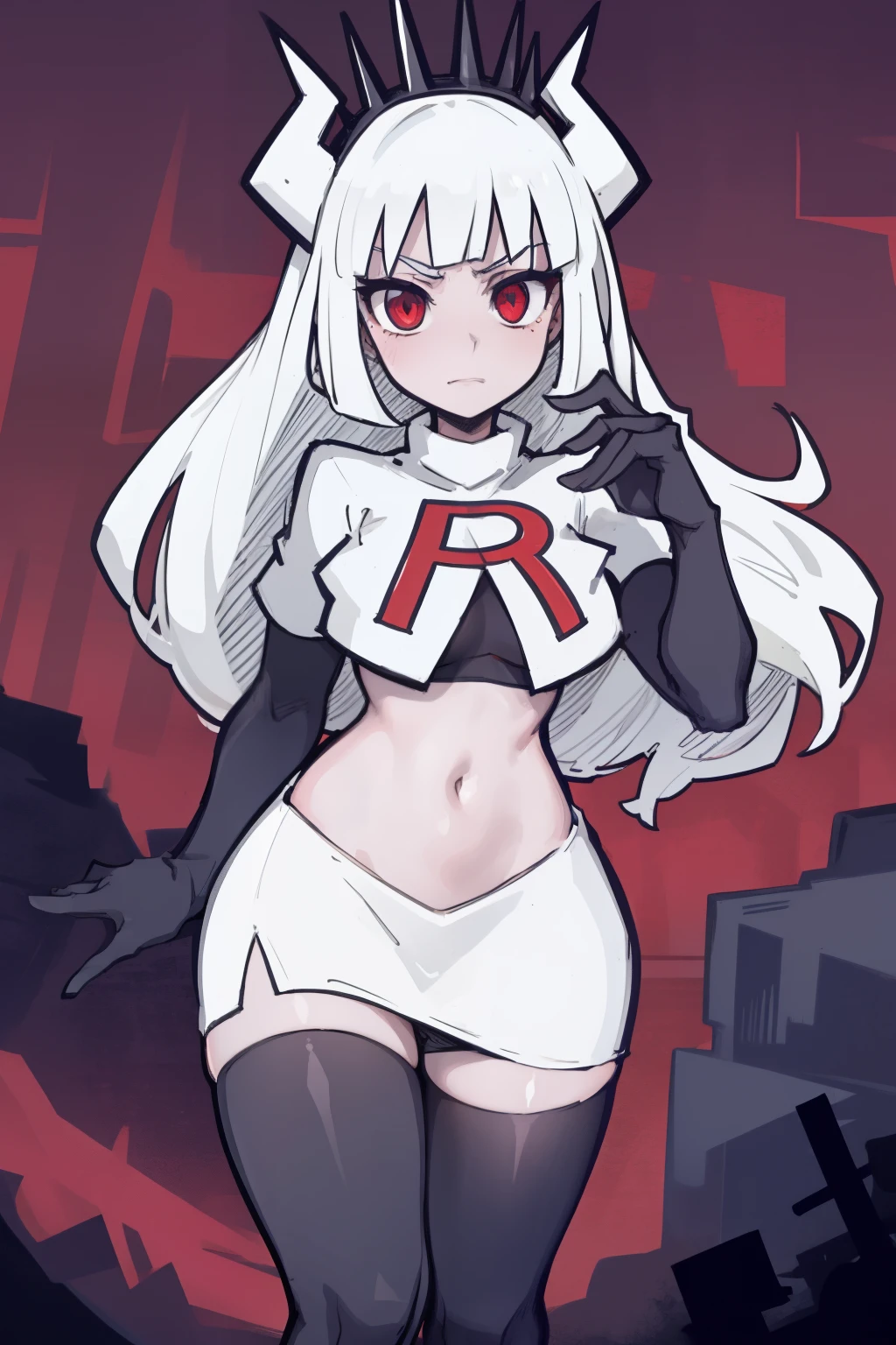 masterpiece, best quality,lucifer with crown,red eyes, white hair,team rocket,team rocket uniform,white skirt,red letter R,crop top,black thigh-highs,black elbow gloves, comic strip