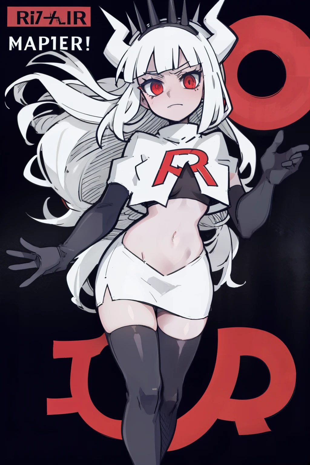 masterpiece, best quality,lucifer with crown,red eyes, white hair,team rocket,team rocket uniform,white skirt,red letter R,crop top,black thigh-highs,black elbow gloves, comic strip