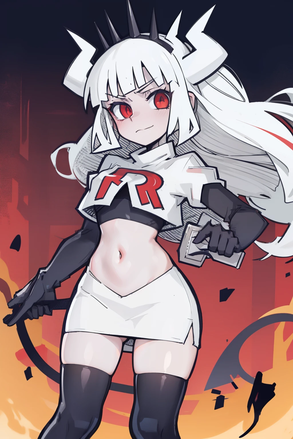 masterpiece, best quality,lucifer with crown,red eyes, white hair,team rocket,team rocket uniform,white skirt,red letter R,crop top,black thigh-highs,black elbow gloves, comic strip