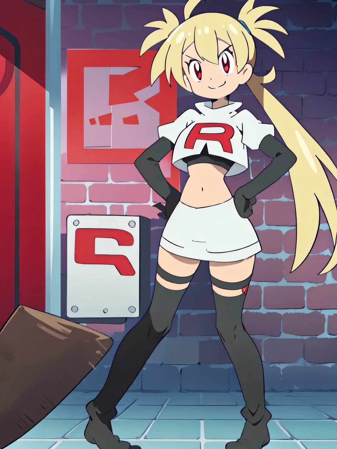 1girl in, (Solo:1.2), (Perfect body:1.1), (Best Quality:1.1), Cute Girl, Tsundere:1.1, (student clothes:1.4), (tiered layers skirt:1.2), very large breast, a blond, Long twintails, Black Ribbon Hair Fastening, Tsuriformes, sharp eye, Sanpaku eyes, (Seductive smile:1.5), Noble atmosphere, Fine-grained skin, (Choker with a cross:1.1), View of the valley, Navel Ejection, Raw feet, a belt on the thighhigh, Bright red eyes, Shining eyes, (NSFW:0.8), 8K, a belt on the thighhigh, Skinny Legs, School grounds with grass, full body seen, (Looking down here:1.2), (Loose socks:1.3), I don't have anything in my hands, No one around, hands on hip,team rocket uniform, red letter r, white skirt,white crop top,black thigh-high boots, black elbow gloves, glaring angrily, looking at viewer, hands on hips, full body seen