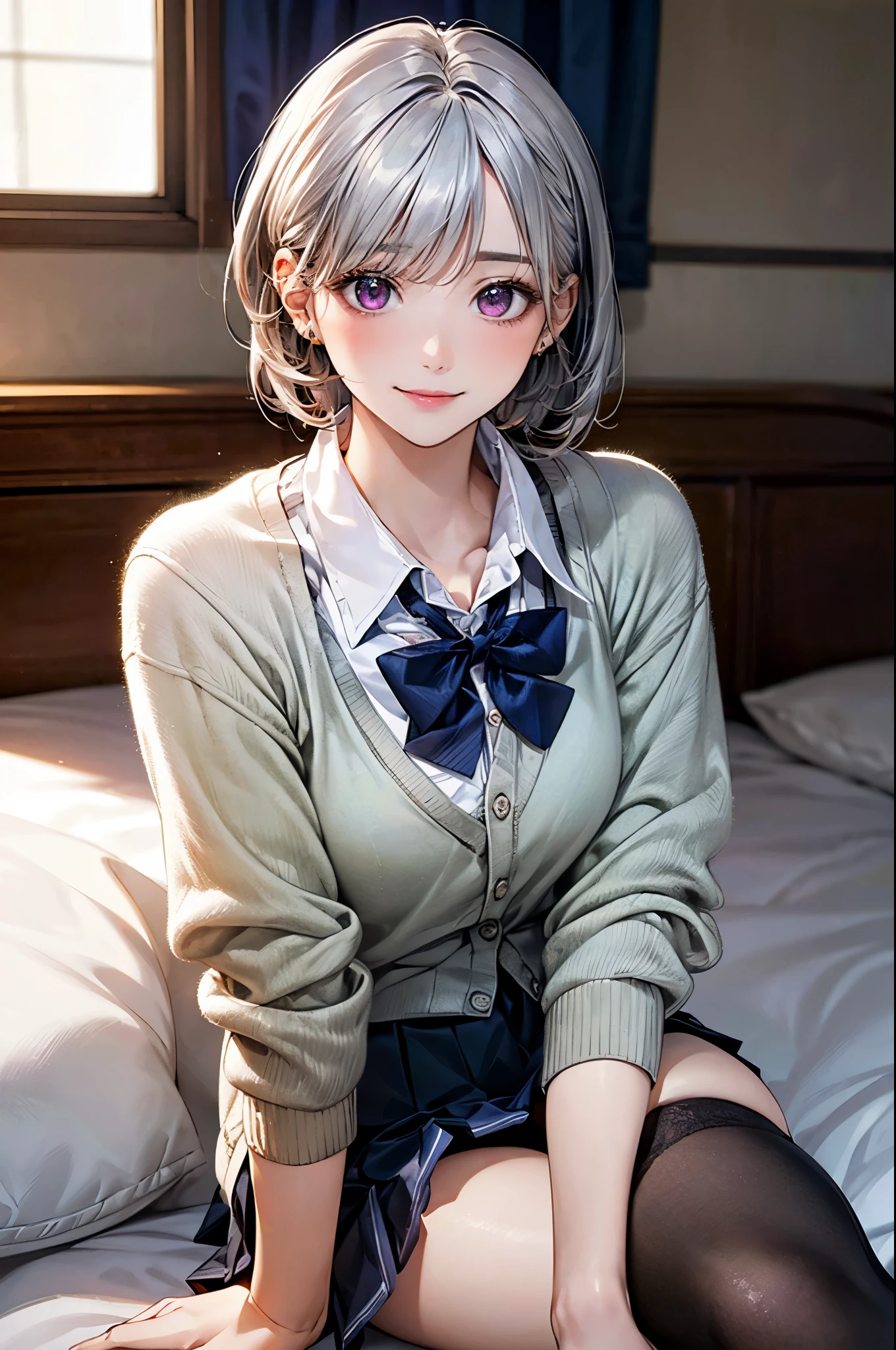 (masterpiece:1.2, top-quality), (realistic, photorealistic:1.4), beautiful illustration, (natural side lighting, movie lighting), 
looking at viewer, fullbody, 1 girl, japanese, high school girl, perfect face, cute and symmetrical face, shiny skin, babyface, 
(short hair, messy hair, silver hair), braided bangs, asymmetrical bangs, dark purple eyes, (middle breasts, seductive thighs, big ass), piercings, 
beautiful hair, beautiful face, beautiful detailed eyes, beautiful clavicle, beautiful body, beautiful chest, beautiful thigh, beautiful legs, beautiful fingers, 
((light grey green cardigan, closed clothes, navy blue pleated mini skirt, white collared shirt, dark red bow tie, black thigh-highs)), light blue stripe panty, 
(beautiful scenery), evening, modern, girl's room, sitting bed, (lovely smile, upper eyes),