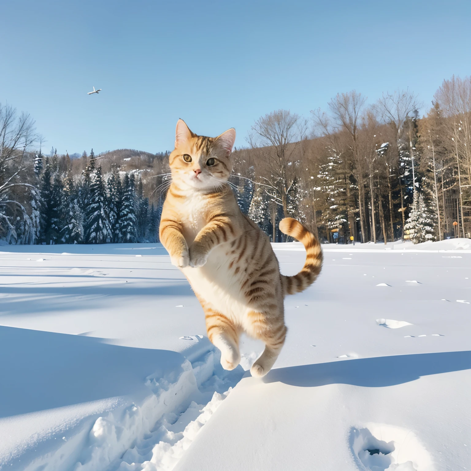 A yellow cat flies on the snow，Jump up front paws