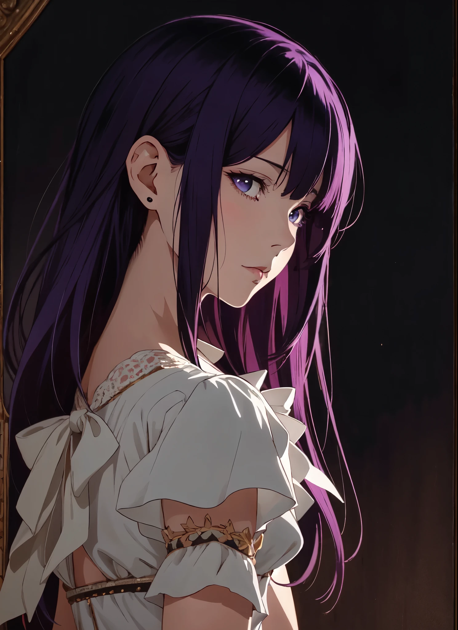 anime girl with purple hair and a white dress standing in front of a dark background, guweiz, artwork in the style of guweiz, profile of anime girl, portrait anime girl, beautiful anime portrait, portrait of an anime girl, portrait of anime girl, anime girl portrait profile, digital anime art, detailed portrait of anime girl, guweiz masterpiece