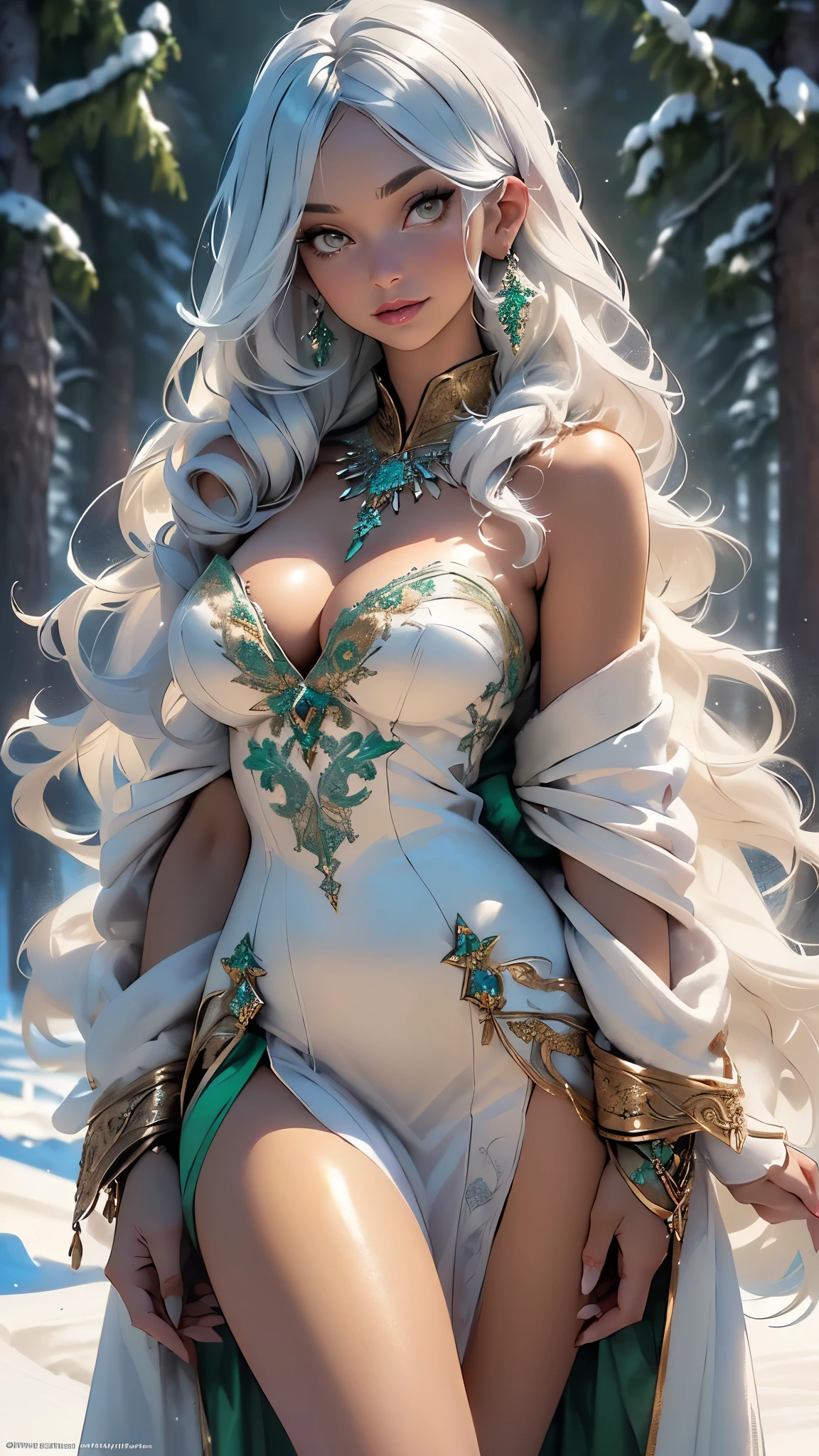 woman,1female,((milf,mom,mature,mature woman,45 years old female,adult)),(large breasts:1.5),saggy breasts,(((white hair:1.4,straight hair,long hair:1.4,colored inner hair))),((yellow_eyes:1.3)),intricate eyes,beautiful detailed eyes,symmetrical eyes,((((dark skin:1.4,lustrous skin:1.5,bright skin: 1.5,skin tanned,shiny skin,very shiny skin,shiny body,illuminated skin)))),(spider lower abdomen,narrow waist,wide hip,bimbo body,inflated legs,thick thighs,delicate detailed fingers),(((detailed face))),

cute,slutty,sensual,seductive look,seductive,((erotic)),opulent,sumptuous,longingly,((nsfw)),

queen,goddess,fantasy,(beautiful winter silver clothes,silver silk),((strapless green dress,very long green skirt,green dress)),(silver clothes),(((ice jewelry,intricate necklace,christmas jewelry,detailed outfit))),cleavage,silver silk,((eyeshadow,elegant makeup,eyelid makeup,gold lips,gold lipstick)),((Transparent cloth:1.1)), (((Sexy white fur cloak, white fur cloak outfit, wearing a white fur cloak:1.3,winter white cloak))),green gloves,(((intricate outfit,intricate clothes,embroidered outfit,ornate outfit,embroidered clothes,ornate clothes))),

(dynamic pose:1.0),embarrassed,(centered,scale to fit dimensions,Rule of thirds),

((snowy pine forest)),winter,scenery:1.25,((intricate scenery)),((snow forest background)),

(Glossy winter ornaments),highres,sharp focus,(ultra detailed,extremely detailed),(photorealistic artwork:1.37),(extremely detailed CG unity 8k wallpaper),(((vibrant colors,vibrant theme))),(intricate),(masterpiece),(best quality),
