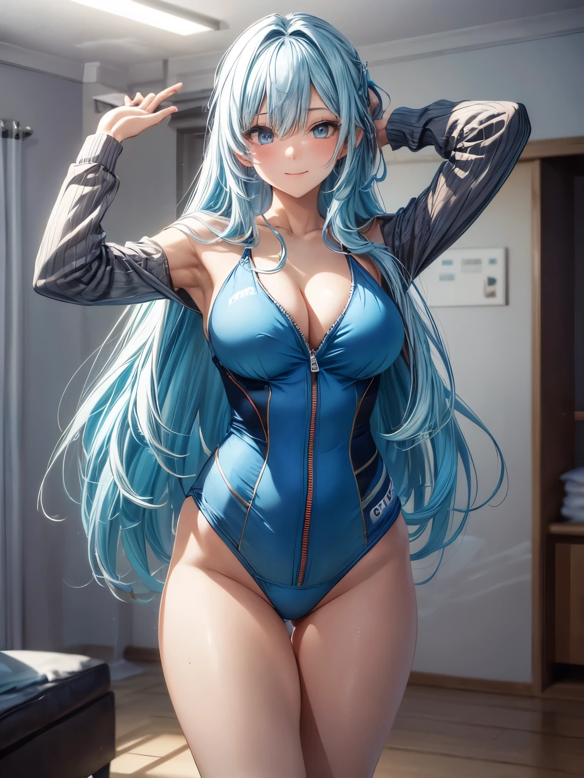 highest quality、All limbs、full finger、((one beautiful woman、solo))、Woman with light blue hair、long hair、big breasted woman、((Blue zippered swimsuit:1.2))、No sleeve、bare hands、big smile、high socks、hands on hips、live on the upper floor of an apartment building、living room、night、indirect lighting