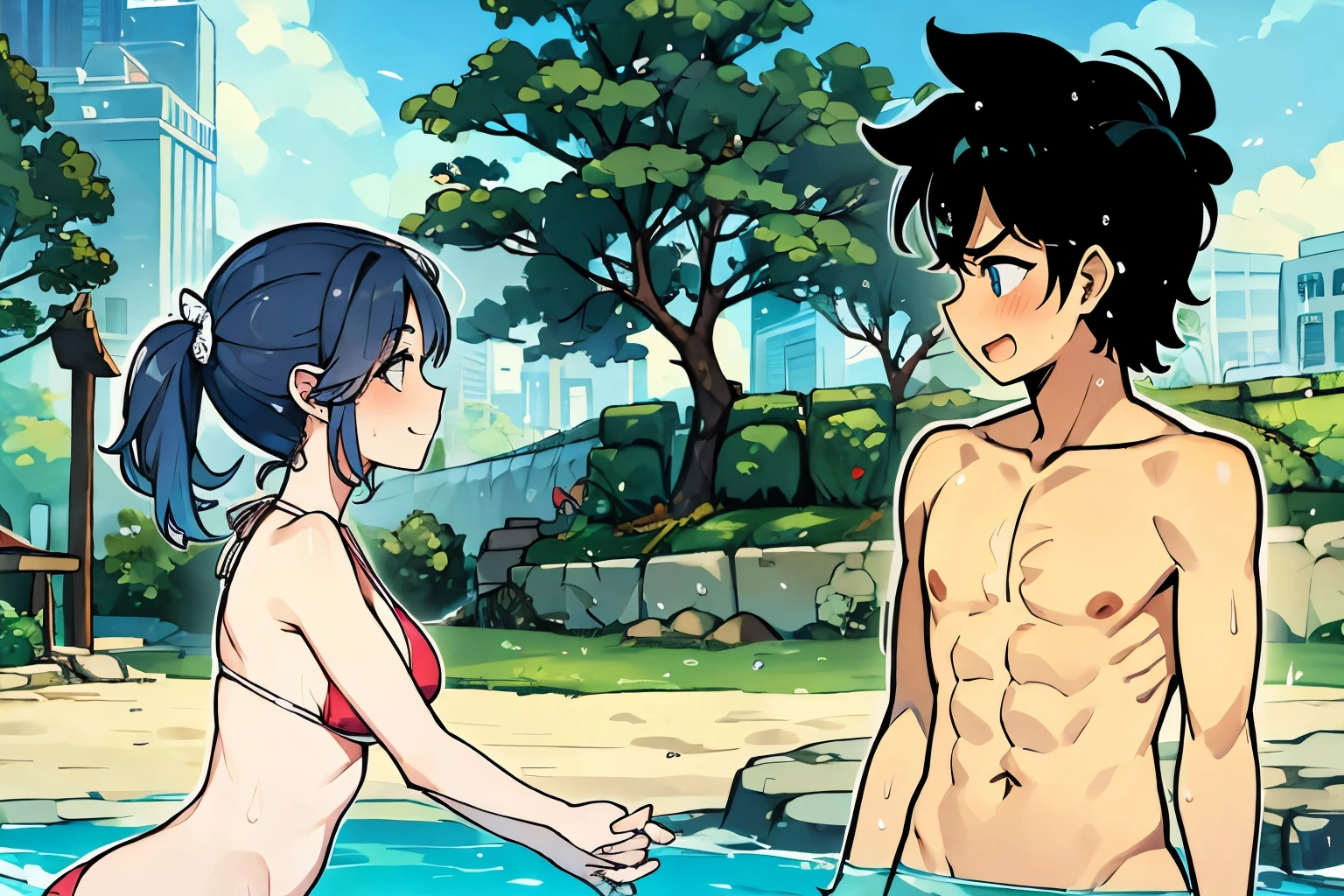 Beautiful girl in sexy bikini holding strong boy's hand, corpo perfeito , sorrisos, fun, playing in the water, arte estilo Akira Toryama