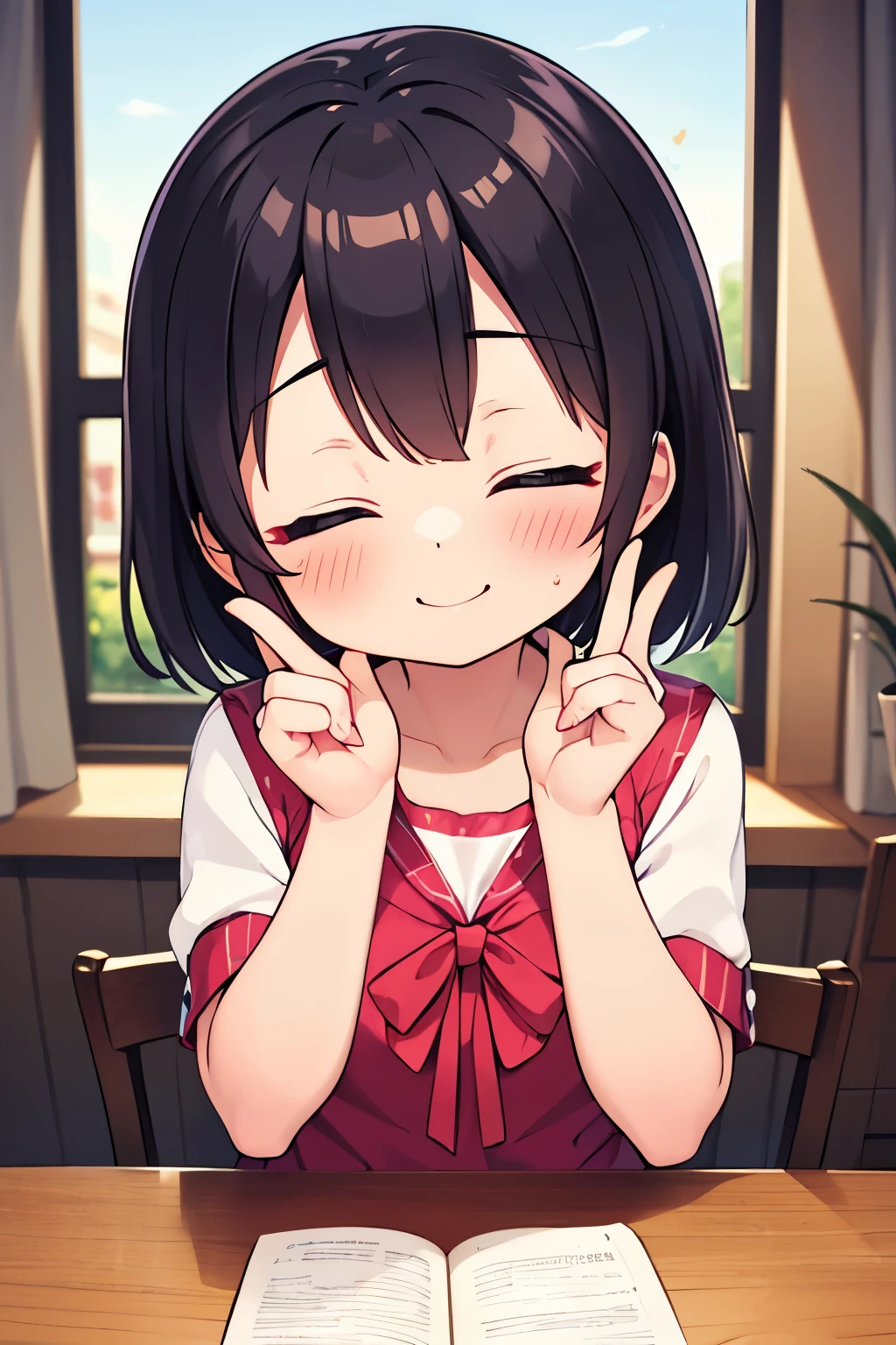 longshot、Cute  smile、Right eye closes、Red face、Put your hands forward and your palms facing up.、Fingers open
