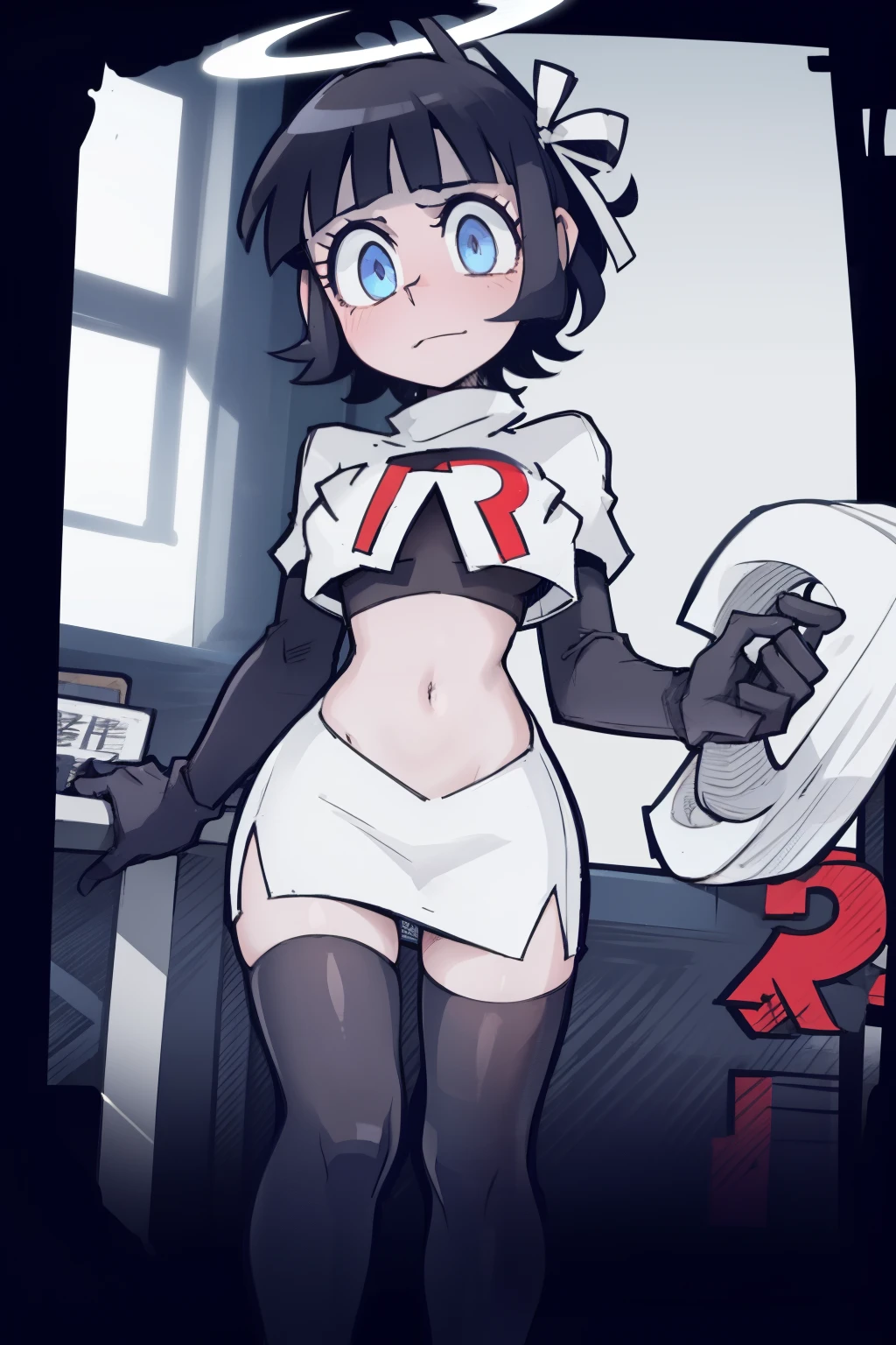 masterpiece, best quality,azazel with halo and blue eyes and black hair,team rocket,team rocket uniform,white skirt,red letter R,crop top,black thigh-highs,black elbow gloves, comic strip