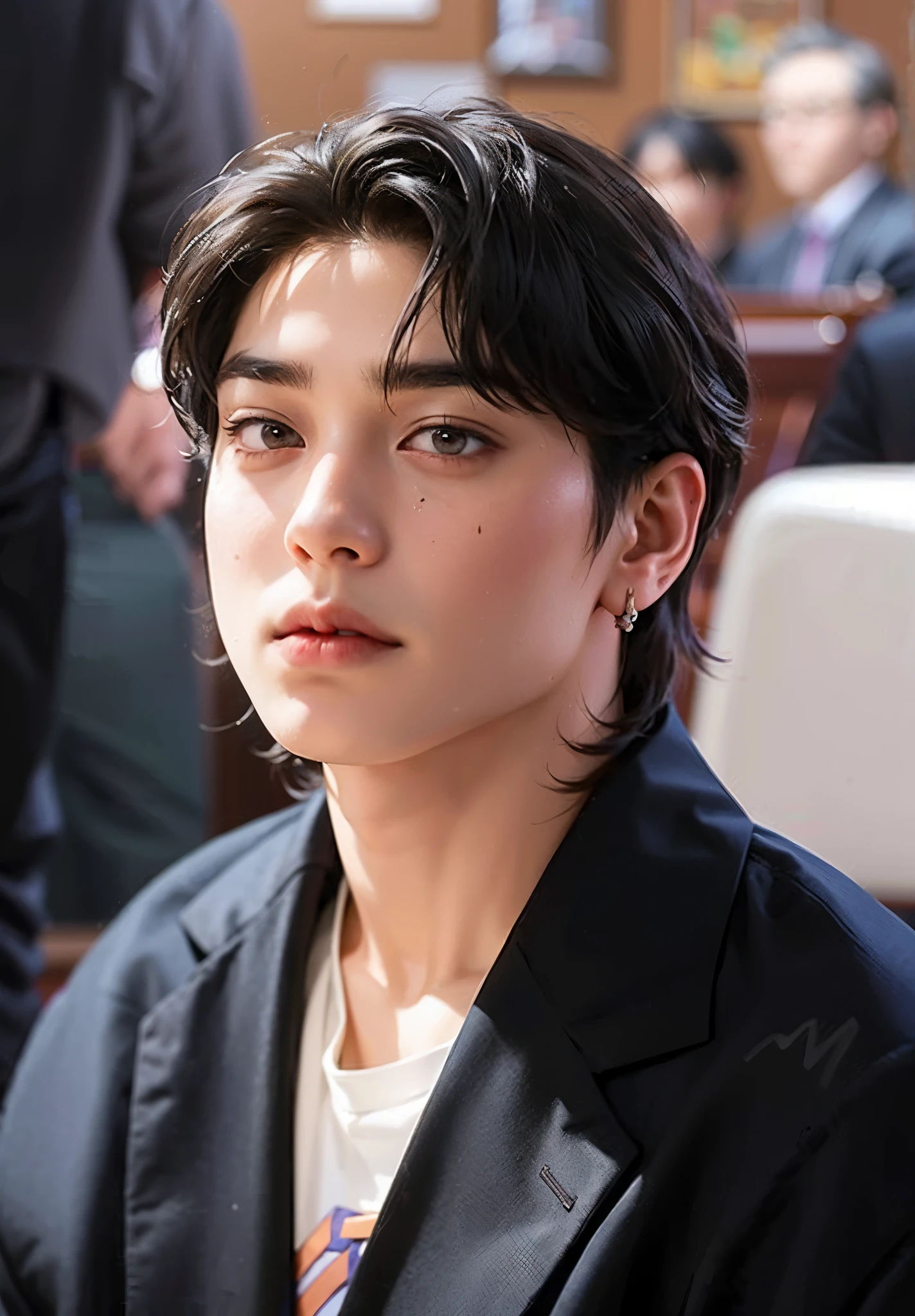 there is a woman in a tie sitting in a room, Jungkook, young pale angel, hyung tae, taejune kim, Wonbin Lee, Jinyoung Shin, Yoongi de cabelo preto, adorable and pale korean face, Hwang se-é, Shin Jeongho, com cabelo curto, taken at the beginning of 2020, handsome androgynous prince, Seseon Yoon, kpop boy, korean face kim taehyung, BTS kim taehyung, korean male face