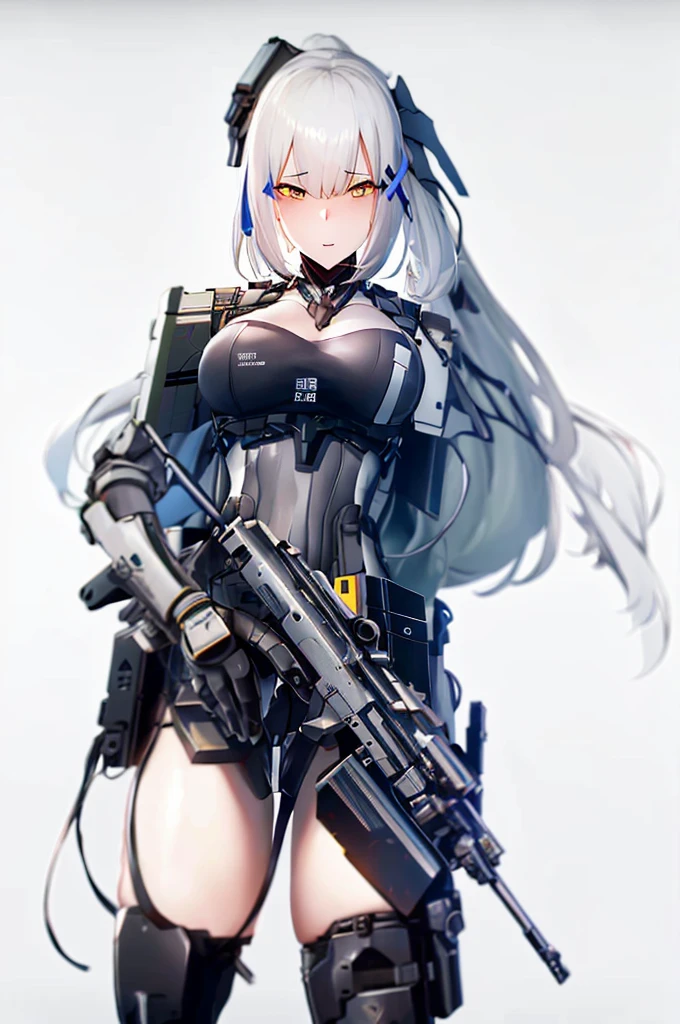 there is a woman in a uniform holding a gun and a gun, m4 sopmod ii girls frontline, mechanized soldier girl, best anime 4k konachan wallpaper, from girls frontline, badass anime 8 k, girls frontline style, soldier girl, fine details. girls frontline, bikini + tattered military gear, girls frontline cg, anime machine gun fire,(((背景を荒廃した建屋内、戦場)))