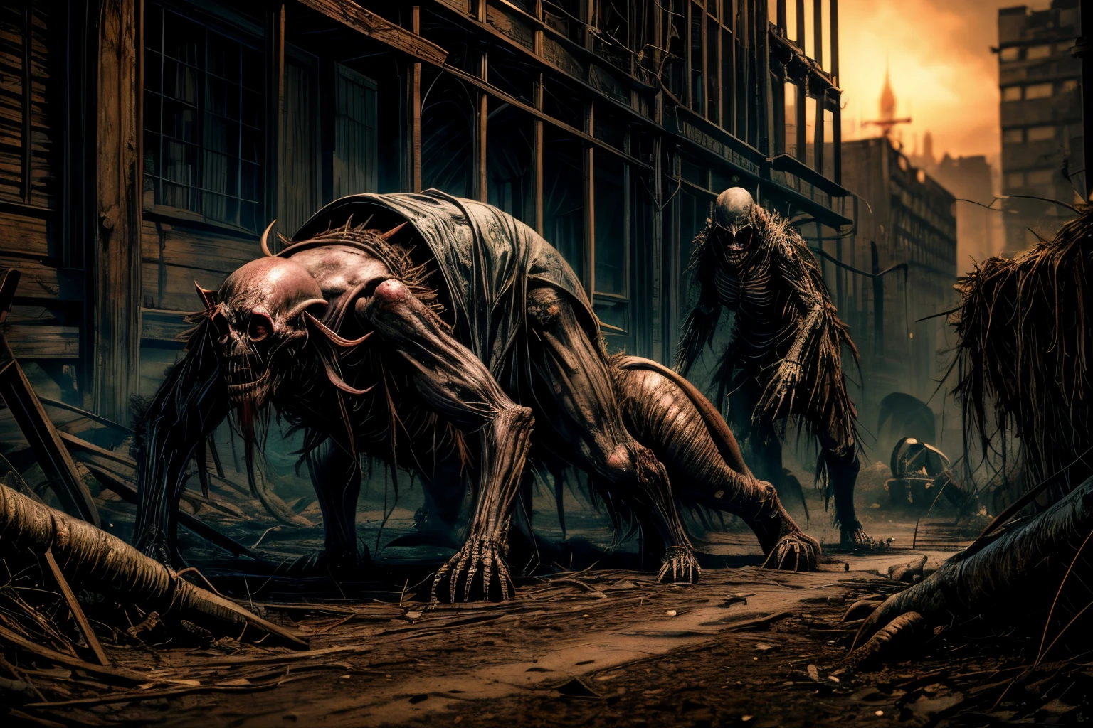 Masterpiece, highest quality, (high detail:1.2), creepy, monsters, creepy beasts, corner, phobia scene, bodies, corpsets, rotten meat, rotten skin, zoombie, blood, creepy, broken bone, bones, skeleton, a lot of dried blood and clots death, horror, obscure , shadows, swamp, horrifying creatures body rotten, sharp objects, living death, stumps, zoombies, gore, rotten organs, guts, dark macabre, virus, viruses and spores, mutants, mutations, altered DNA, sunset, strange creatures, post-apocalyptic, amputations, trauma, beats, bites, lacerations, hematomas and teratomas, post-apocalyptic background,1girl, blood tears, large breast, post mortem eyes, strange, tear the skin, blisters, rotten, fungus, undeath, dirt, human waste.