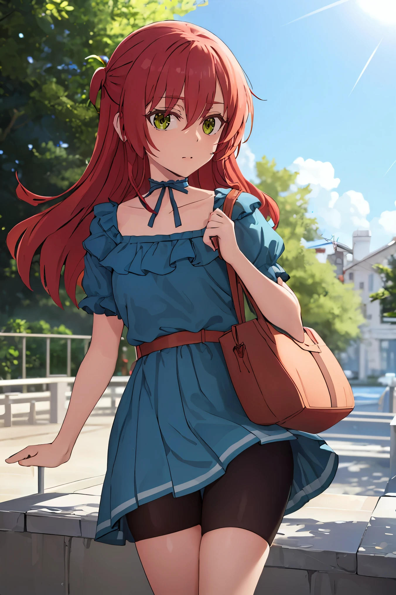 1 girl, ikuyo kita, bangs, red hair, long hair, one side up hair, green eyes, open eyes, blue dress, puffy sleeves, short sleeves, hdr, wearing bike shorts, standing, looking ahead, open mouth, open mouth, looking you, 