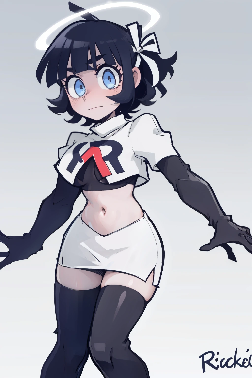 masterpiece, best quality,azazel with halo and blue eyes and black hair,team rocket,team rocket uniform,white skirt,red letter R,crop top,black thigh-highs,black elbow gloves, comic strip