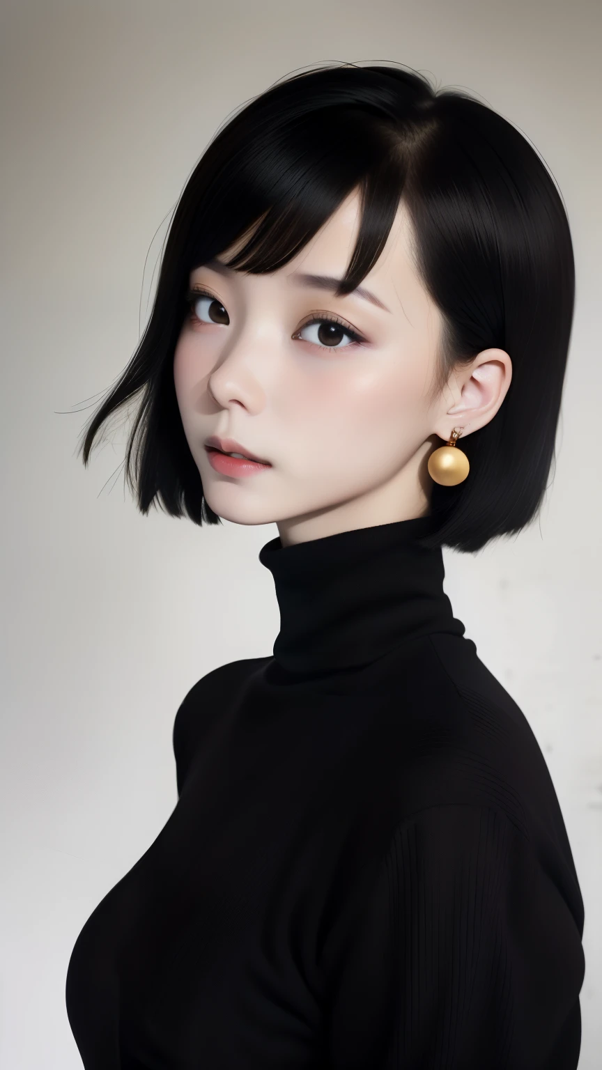 one girl, An ennui look、Upper body angle、 concrete background、slim body、small breasts、turtleneck shirt、earrings、Precisely detailed hair behavior、Barrette、bob cut、 short hair, colorful hair, compensate, parted lips, red lips, eyelinelm grain,a black and white photo:1.3、RAW photo)))、highest quality、ultra high resolution、masterpiece、background blur,