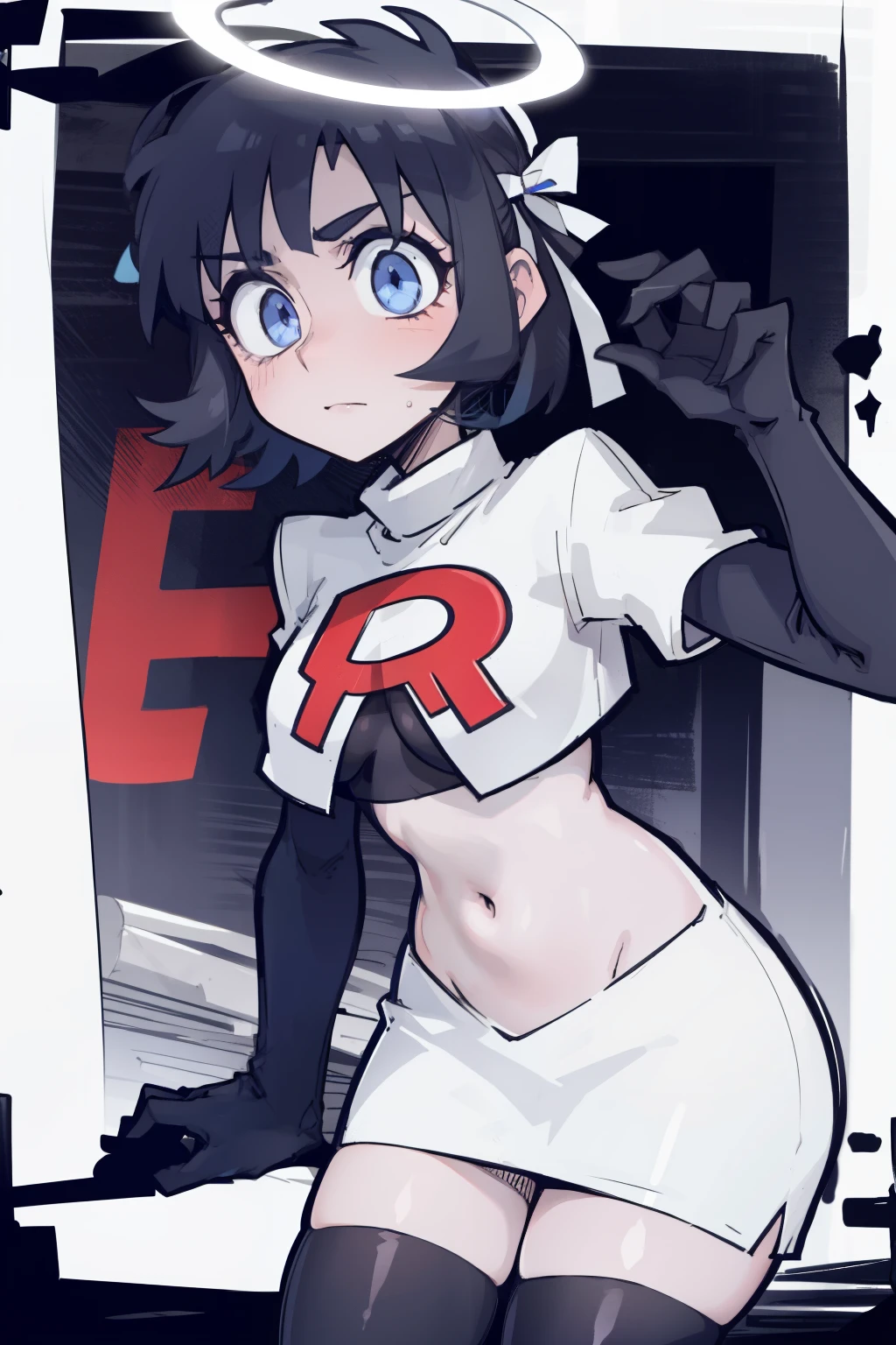 masterpiece, best quality,azazel with halo and blue eyes and black hair,team rocket,team rocket uniform,white skirt,red letter R,crop top,black thigh-highs,black elbow gloves, comic strip