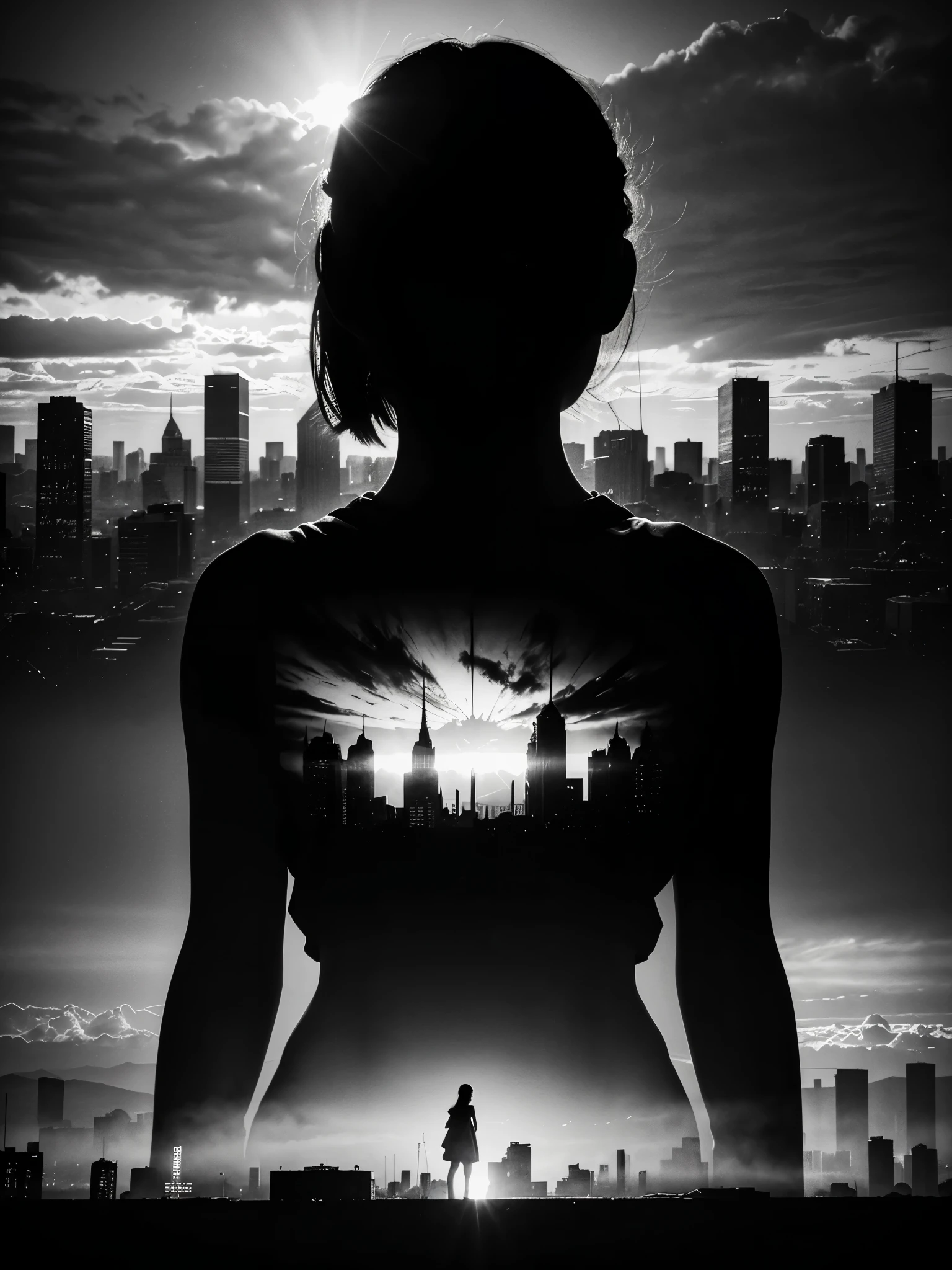 Masterpiece double exposure of a girl silhouette with monochrome apocalypse aftermath, a full color present day metropolis in the underlying backdrop, sharp contrast, detailed crisp lines, in focus, double exposure, by Skyrn99, high quality, high detail, high resolution