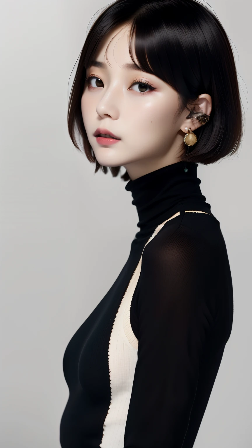 one girl, An ennui look、Upper body angle、 concrete background、slim body、small breasts、turtleneck shirt、earrings、Precisely detailed hair behavior、Barrette、bob cut、 short hair, colorful hair, compensate, parted lips, red lips, eyelinelm grain,a black and white photo:1.3、RAW photo)))、highest quality、ultra high resolution、masterpiece、background blur,