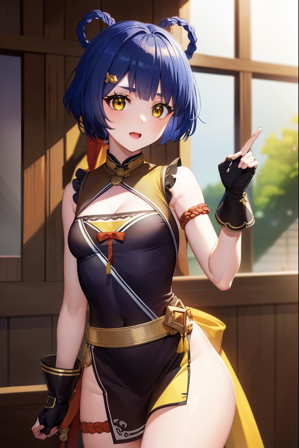 genshinxiangling, xiangling, blue hair, braid, braided hair rings, hair ornament, hair rings, hairclip, (yellow eyes:1.5), (small breasts:1.2), open mouth,
BREAK arm strap, bare shoulders, bell, belt, black footwear, black gloves, boots, brown belt, cleavage, cleavage cutout, clothing cutout, dress, fingerless gloves, gloves, high heels, jingle bell, thigh strap,
BREAK looking at viewer, (cowboy shot:1.5),
BREAK indoors, restaurant,
BREAK (masterpiece:1.2), best quality, high resolution, unity 8k wallpaper, (illustration:0.8), (beautiful detailed eyes:1.6), extremely detailed face, perfect lighting, extremely detailed CG, (perfect hands, perfect anatomy),