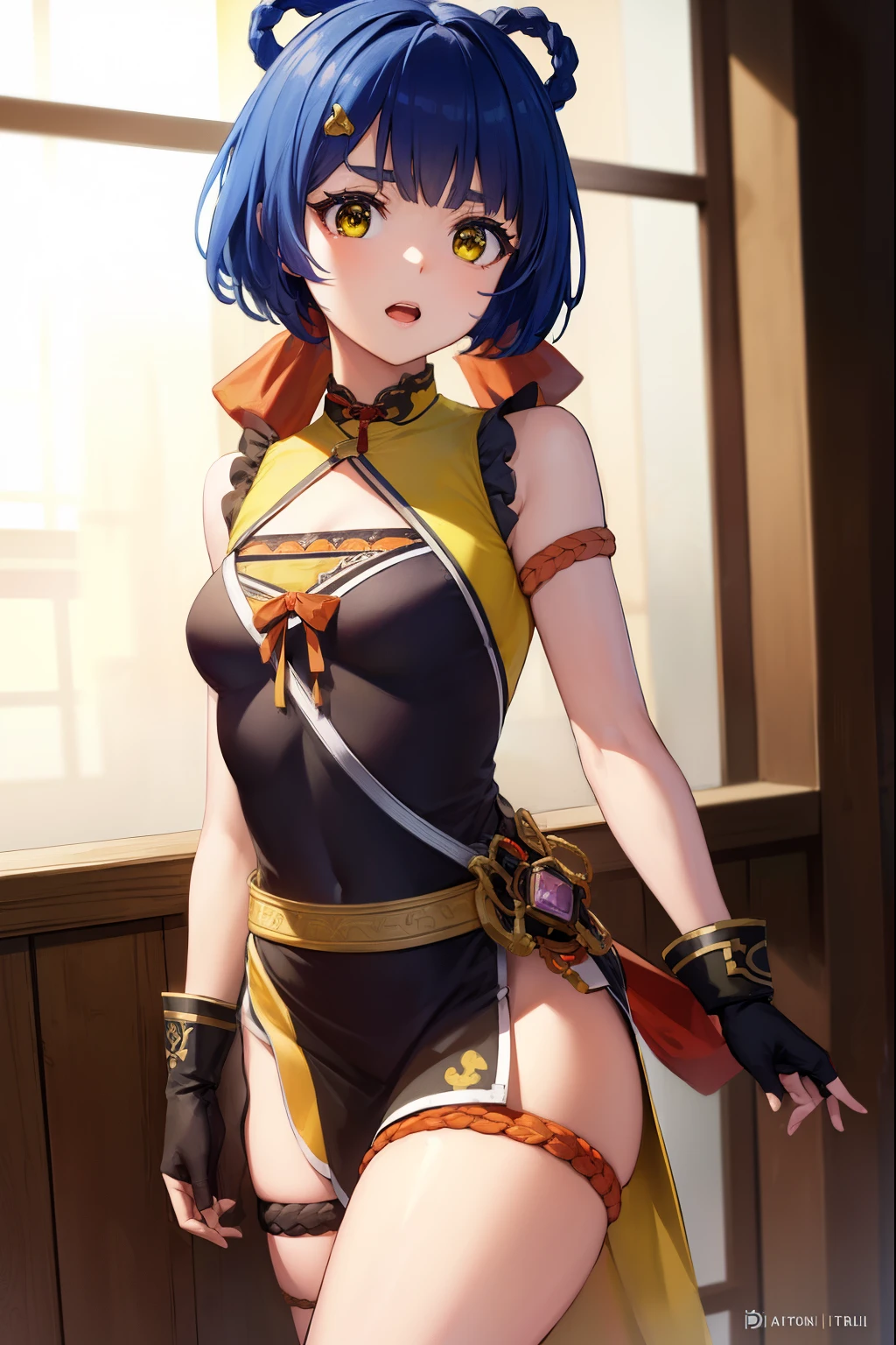 genshinxiangling, xiangling, blue hair, braid, braided hair rings, hair ornament, hair rings, hairclip, (yellow eyes:1.5), (small breasts:1.2), open mouth,
BREAK arm strap, bare shoulders, bell, belt, black footwear, black gloves, boots, brown belt, cleavage, cleavage cutout, clothing cutout, dress, fingerless gloves, gloves, high heels, jingle bell, thigh strap,
BREAK looking at viewer, (cowboy shot:1.5),
BREAK indoors, restaurant,
BREAK (masterpiece:1.2), best quality, high resolution, unity 8k wallpaper, (illustration:0.8), (beautiful detailed eyes:1.6), extremely detailed face, perfect lighting, extremely detailed CG, (perfect hands, perfect anatomy),