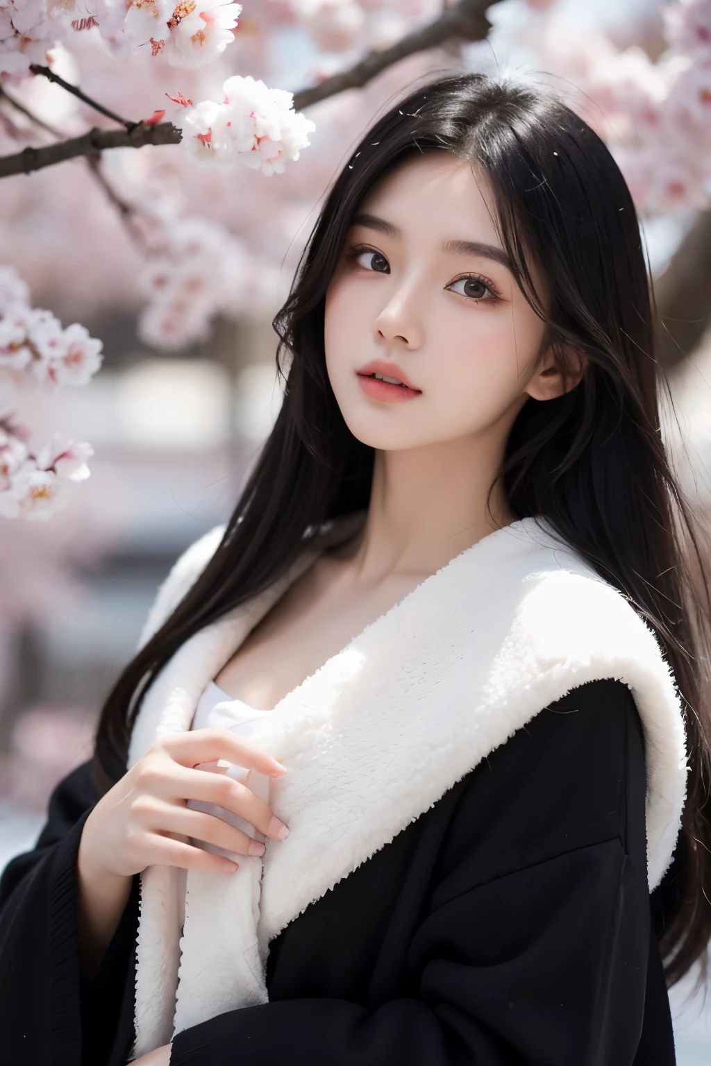 An 18-year-old Chinese beauty,winter,sexy,long black hair,Color flows across her face,chest,a ray of light,Warm winter clothes,student,Plum blossom background