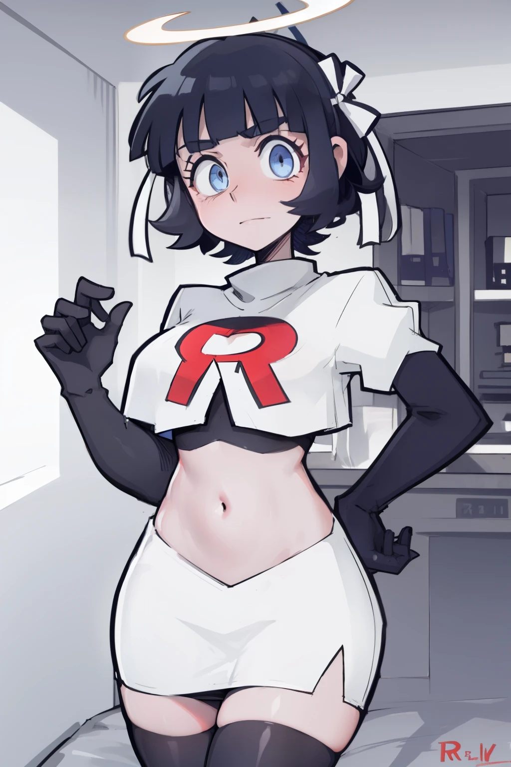 masterpiece, best quality,azazel with halo and blue eyes and black hair,team rocket,team rocket uniform,white skirt,red letter R,crop top,black thigh-highs,black elbow gloves, comic strip