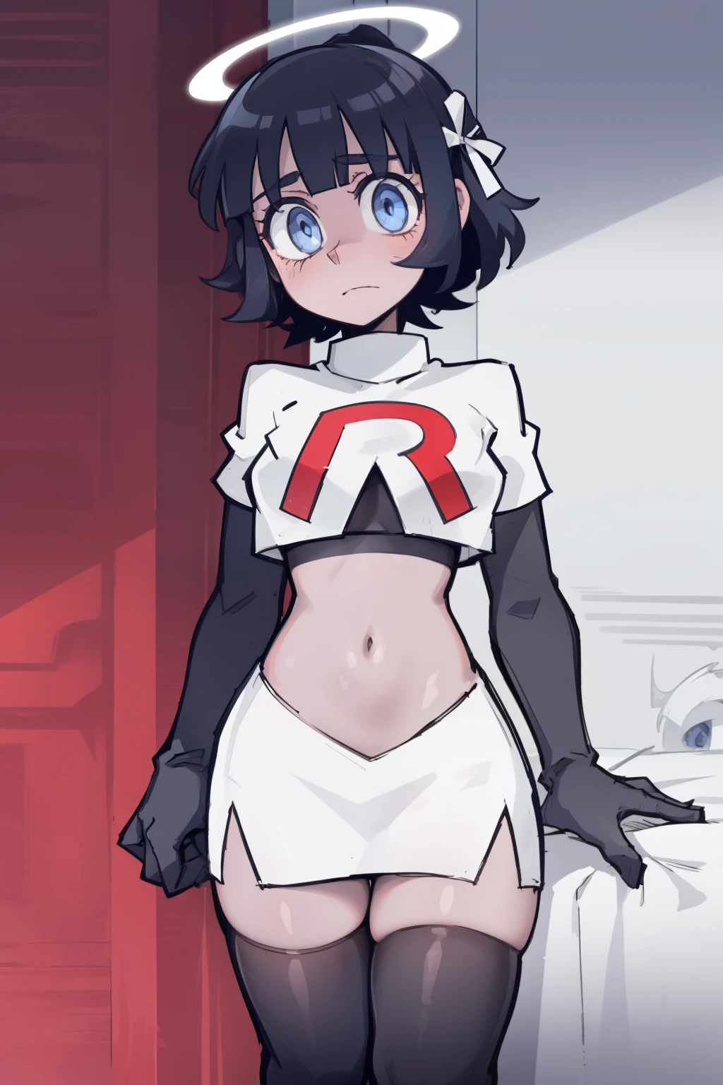 masterpiece, best quality,azazel with halo and blue eyes and black hair,team rocket,team rocket uniform,white skirt,red letter R,crop top,black thigh-highs,black elbow gloves, comic strip