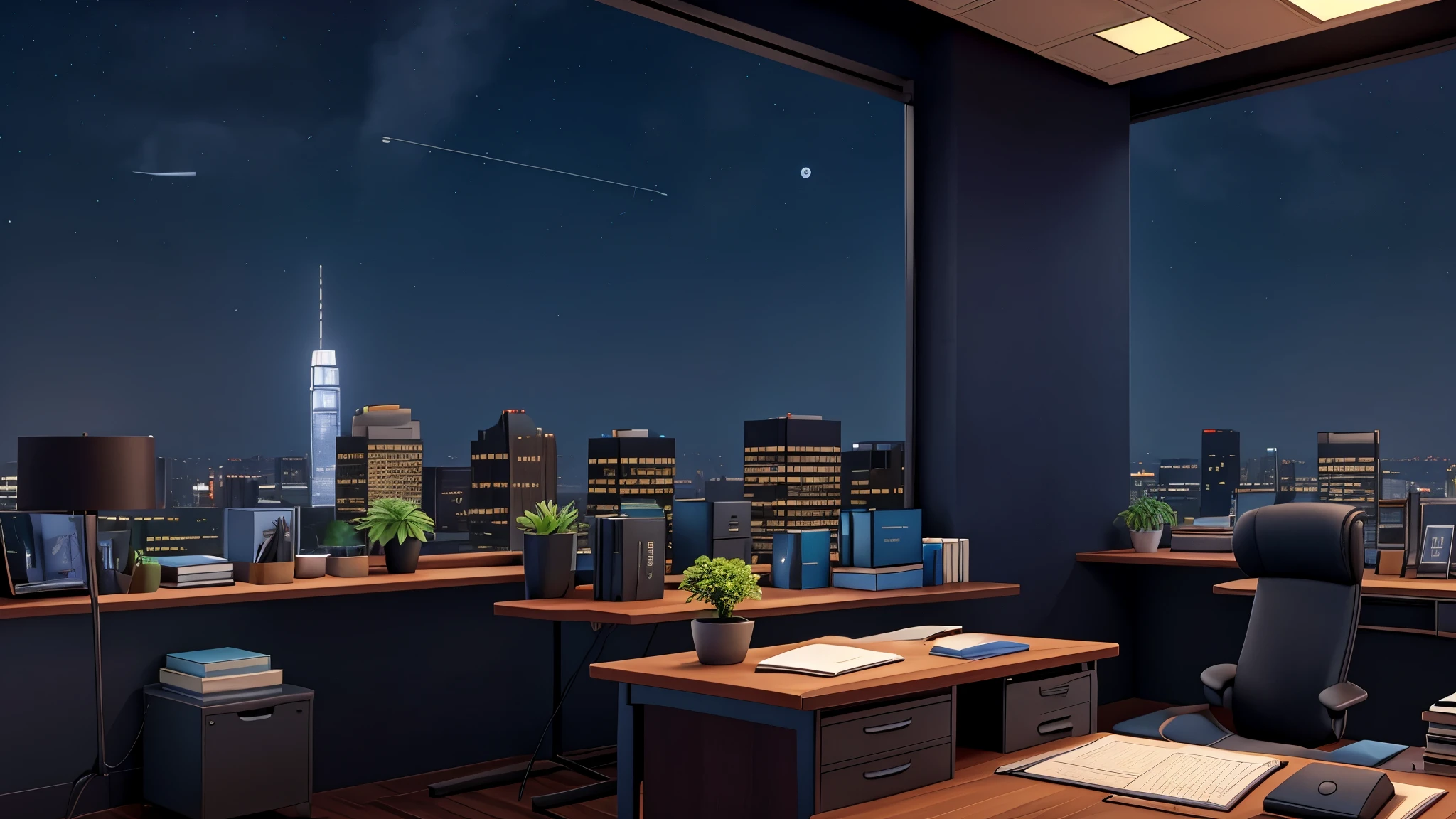 office scenery, tall building, skyscraper, few clouds, office desk, empty leather chair, night sky details, led lighting in the office, office plants