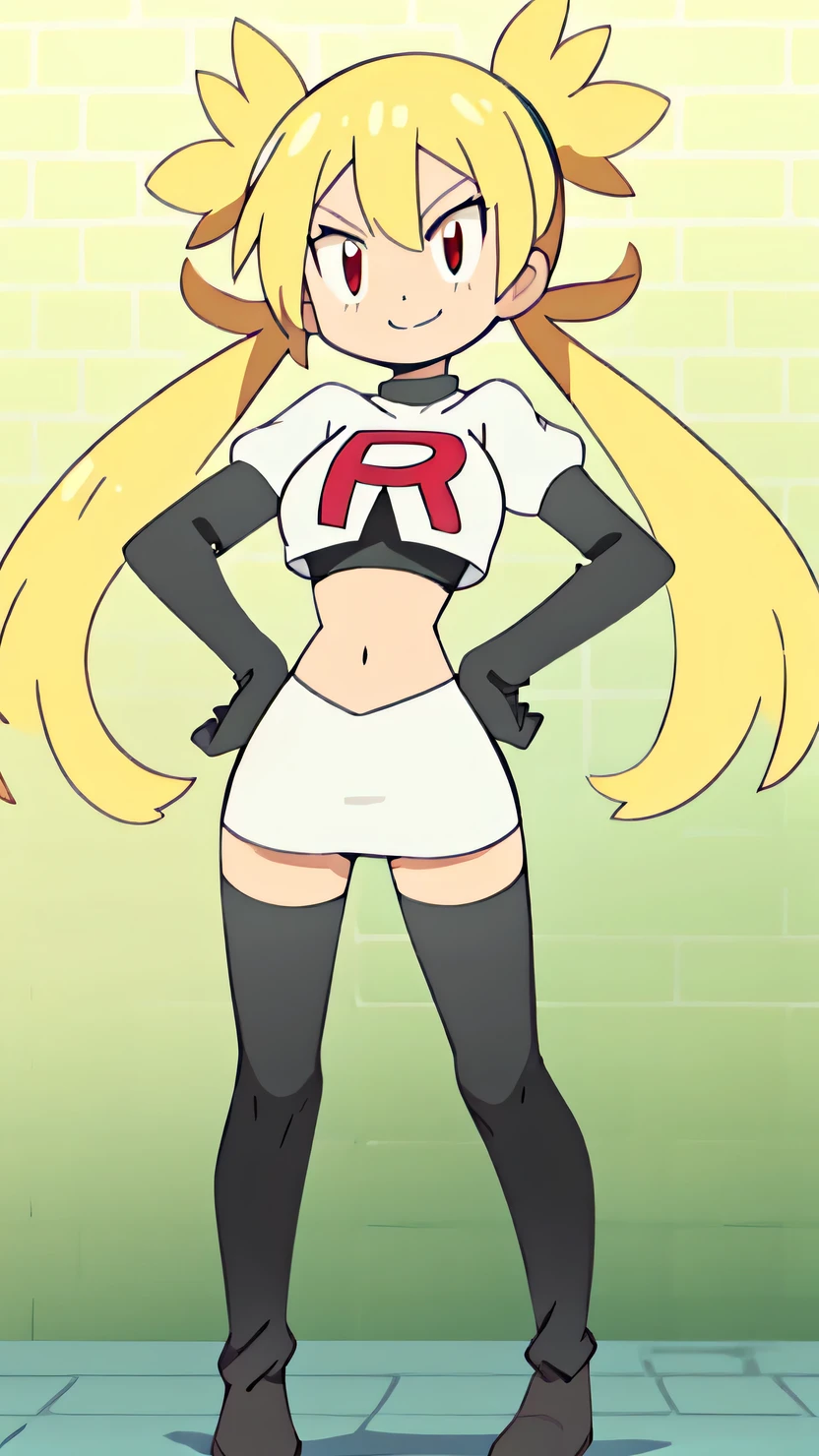 1girl in, (Solo:1.2), (Perfect body:1.1), (Best Quality:1.1), Cute Girl, Tsundere:1.1, (student clothes:1.4), (tiered layers skirt:1.2), very large breast, a blond, Long twintails, Black Ribbon Hair Fastening, Tsuriformes, sharp eye, Sanpaku eyes, (Seductive smile:1.5), Noble atmosphere, Fine-grained skin, (Choker with a cross:1.1), View of the valley, Navel Ejection, Raw feet, a belt on the thighhigh, Bright red eyes, Shining eyes, (NSFW:0.8), 8K, a belt on the thighhigh, Skinny Legs, School grounds with grass, full body seen, (Looking down here:1.2), (Loose socks:1.3), I don't have anything in my hands, No one around, hands on hip,team rocket uniform, red letter r, white skirt,white crop top,black thigh-high boots, black elbow gloves, glaring angrily, looking at viewer, hands on hips, full body seen, ultra best quality, CG