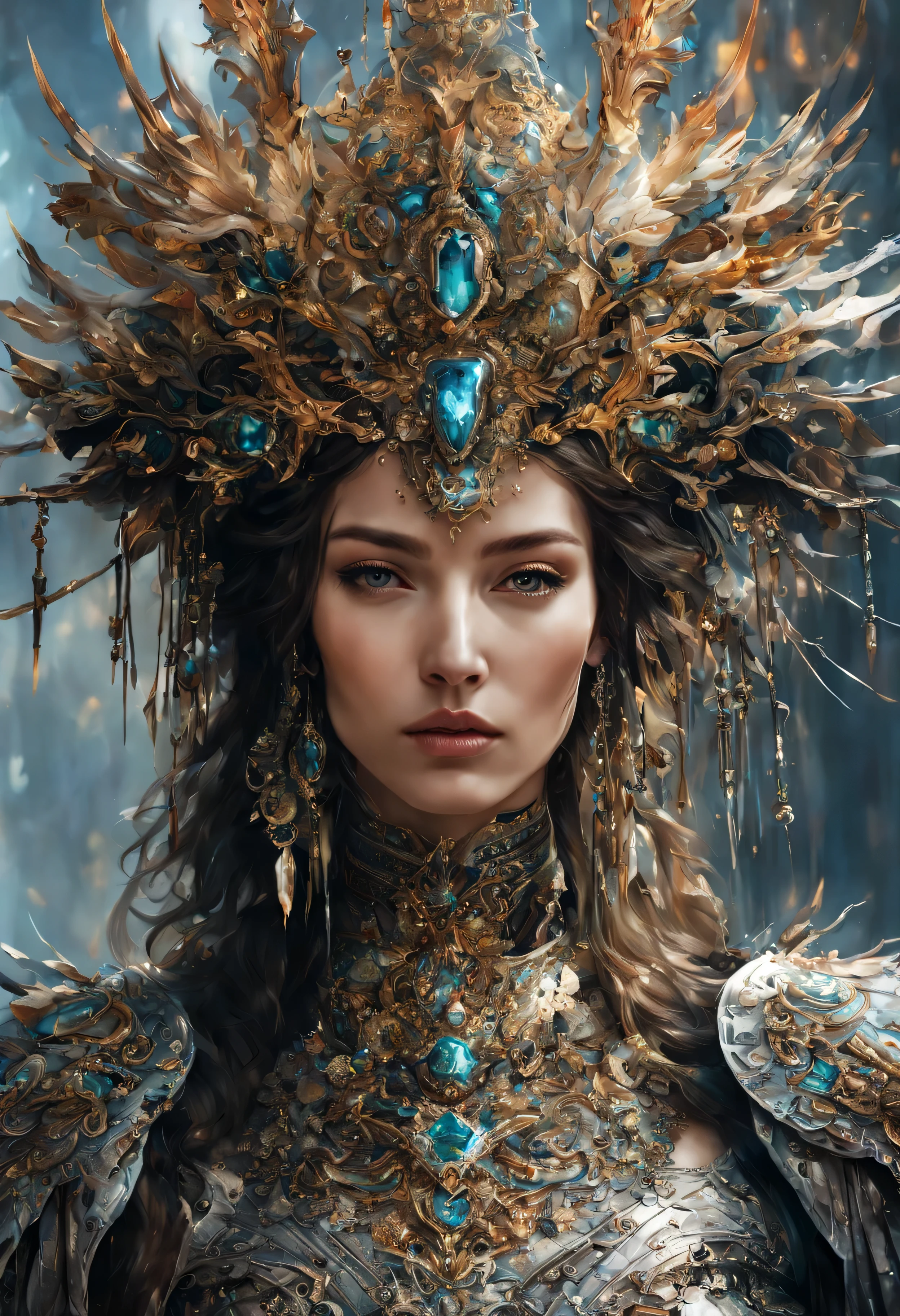 a close up of a woman in a costume with a large headpiece, stunning digital illustration, digital fantasy art ), beautiful digital artwork, portrait knights of zodiac girl, portrait of a cyborg queen, gorgeous digital art, exquisite digital illustration, rossdraws digital painting, hyperdetailed fantasy character, stunning cgsociety, a beautiful fantasy empress, detailed fantasy digital art