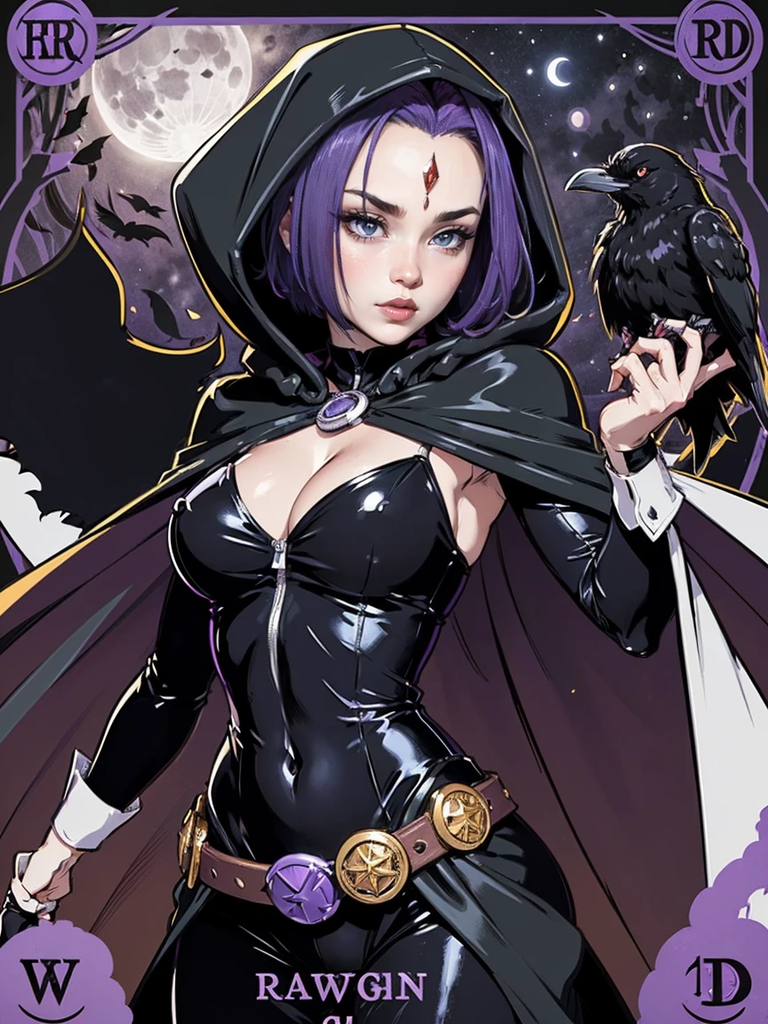 1girl, raven, black leotard, black cape, hood, purple hair, forehead jewel, purple eyes, short hair, belt, skin tight, standing, cleavage, toned, breasts, pose, night, moonlight, ((posing)), motion lines, torso, upper body, portrait, b&w. outline, in Anime Tarot Card Art Style