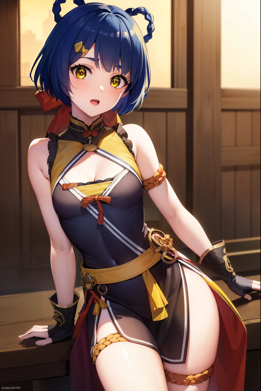 genshinxiangling, xiangling, blue hair, braid, braided hair rings, hair ornament, hair rings, hairclip, (yellow eyes:1.5), (small breasts:1.2), open mouth,
BREAK arm strap, bare shoulders, bell, belt, black footwear, black gloves, boots, brown belt, cleavage, cleavage cutout, clothing cutout, dress, fingerless gloves, gloves, high heels, jingle bell, thigh strap,
BREAK looking at viewer, (cowboy shot:1.5),
BREAK indoors, restaurant,
BREAK (masterpiece:1.2), best quality, high resolution, unity 8k wallpaper, (illustration:0.8), (beautiful detailed eyes:1.6), extremely detailed face, perfect lighting, extremely detailed CG, (perfect hands, perfect anatomy),