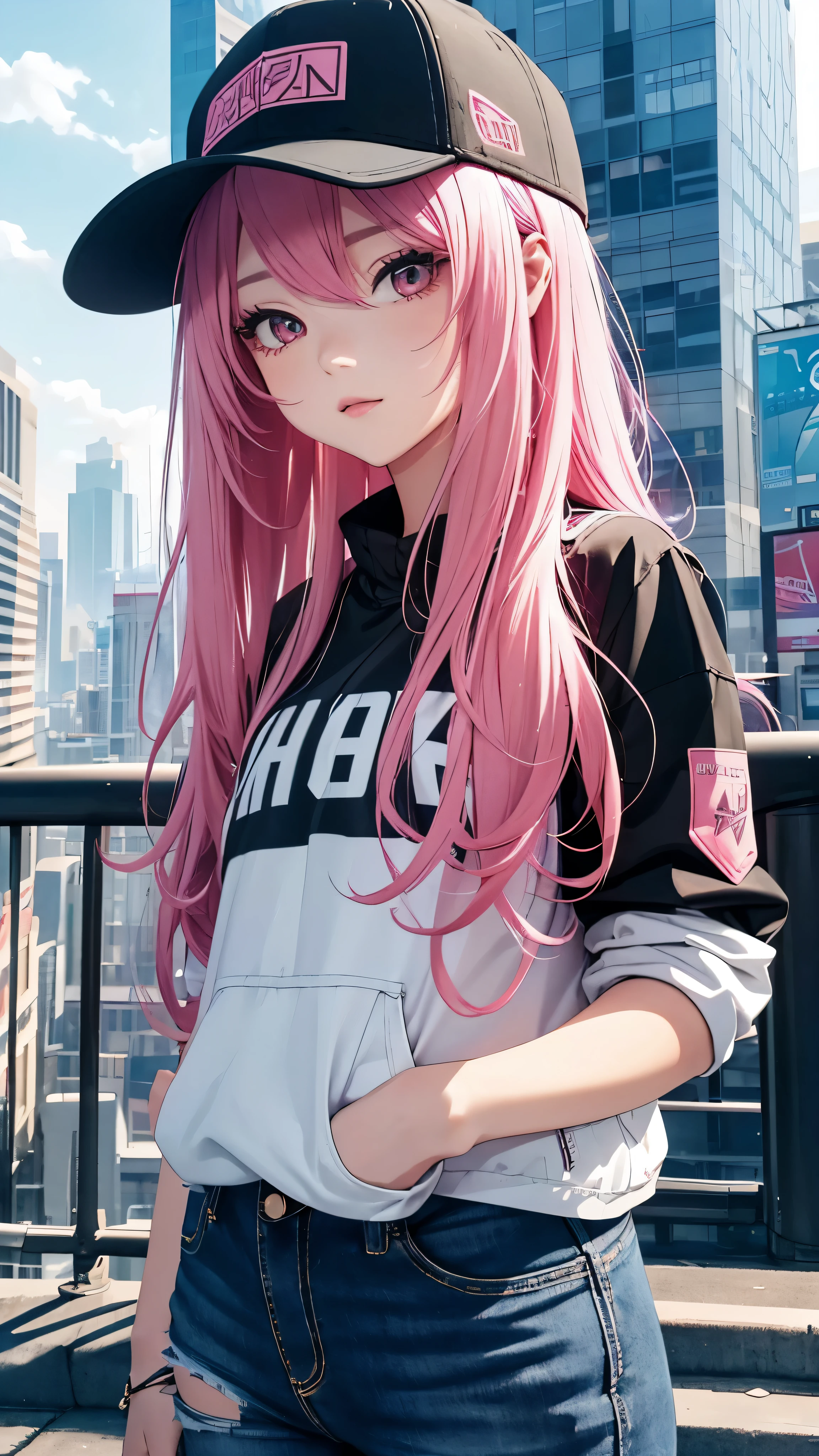 1girl,long pink hair,black snapback hat,jacket,jeans,facing viewer,sunny,city,ultra-detailed,(high-quality:1.2),ultra-sharp,brilliant colors, vibrant atmosphere
