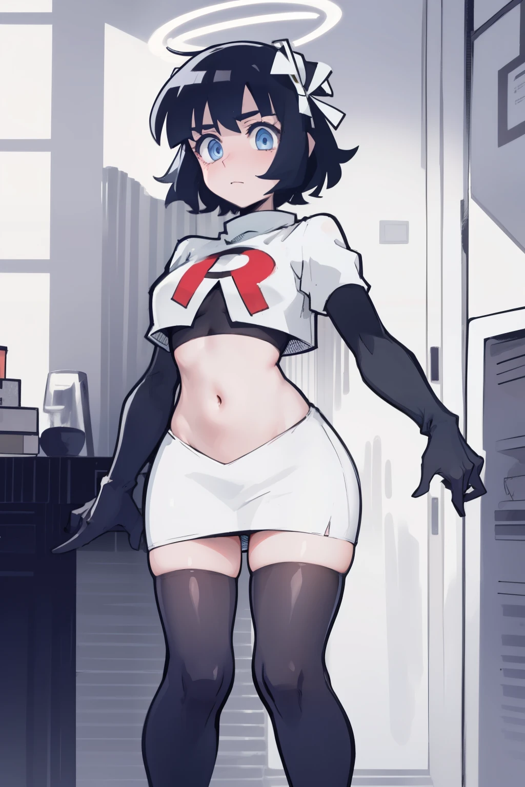 masterpiece, best quality,azazel with halo and blue eyes and black hair,team rocket,team rocket uniform,white skirt,red letter R,crop top,black thigh-highs,black elbow gloves, comic strip