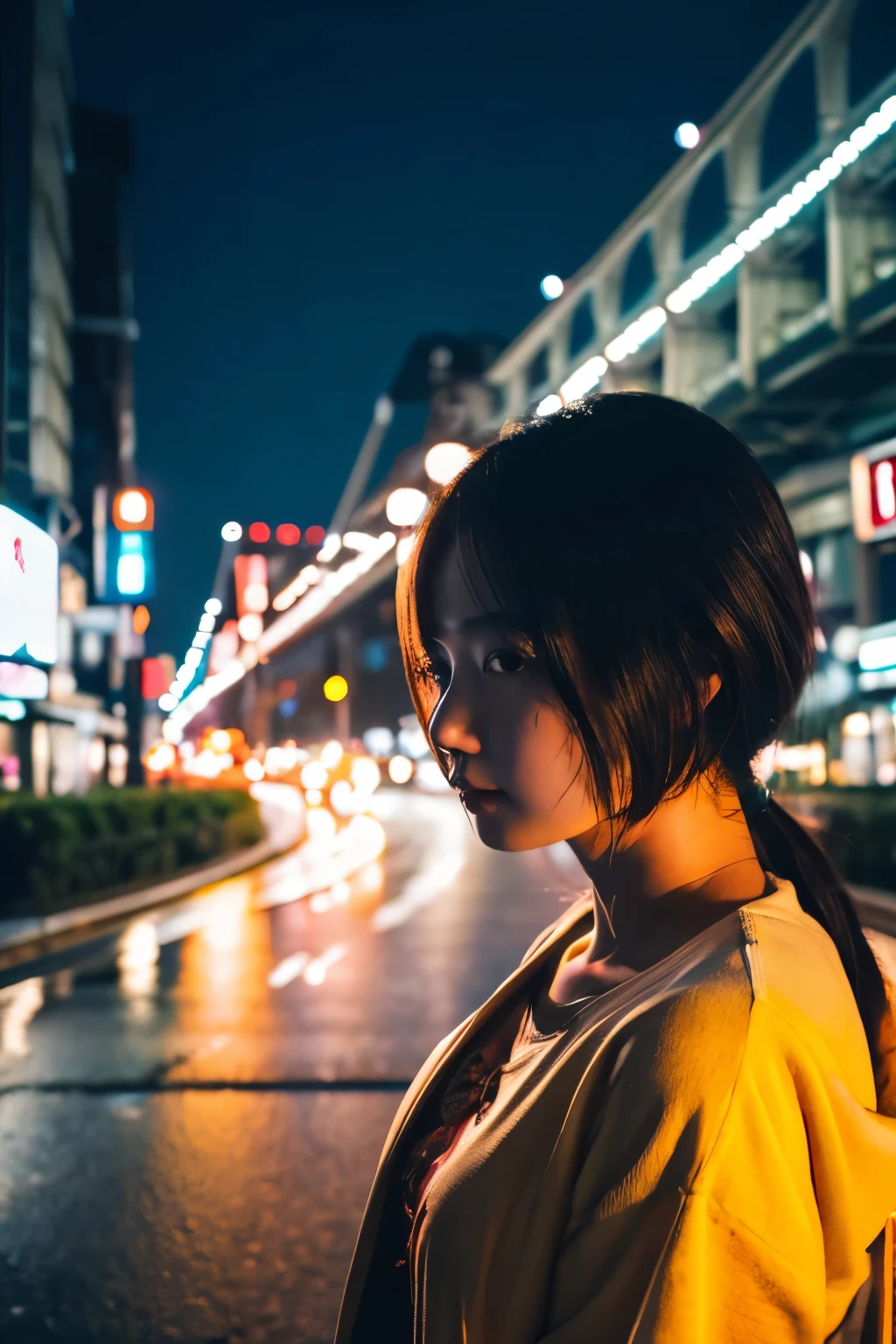 1 girl, tokyo road,nighttime, city scenery,city lights, upper body,close up, 8ก, raw photos, best quality, Masterpiece,realistic, photo-realistic,